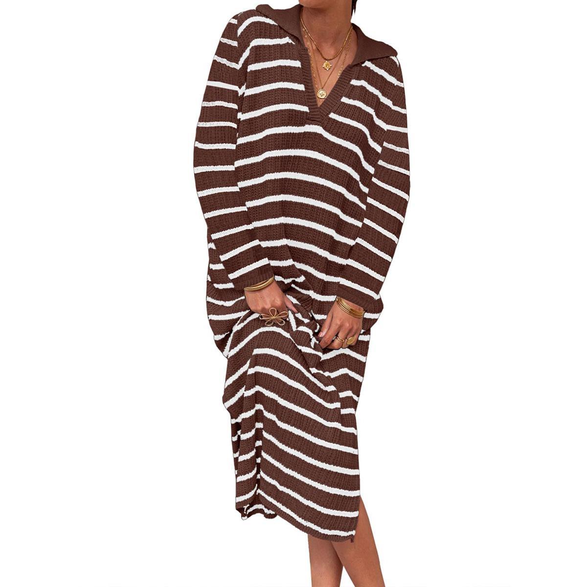 Brown-long sleeve Imily Bela Womens Striped Summer Dresses Short Sleeve V Neck Knit Collared Sexy Slit Loose Maxi Sweater Dress