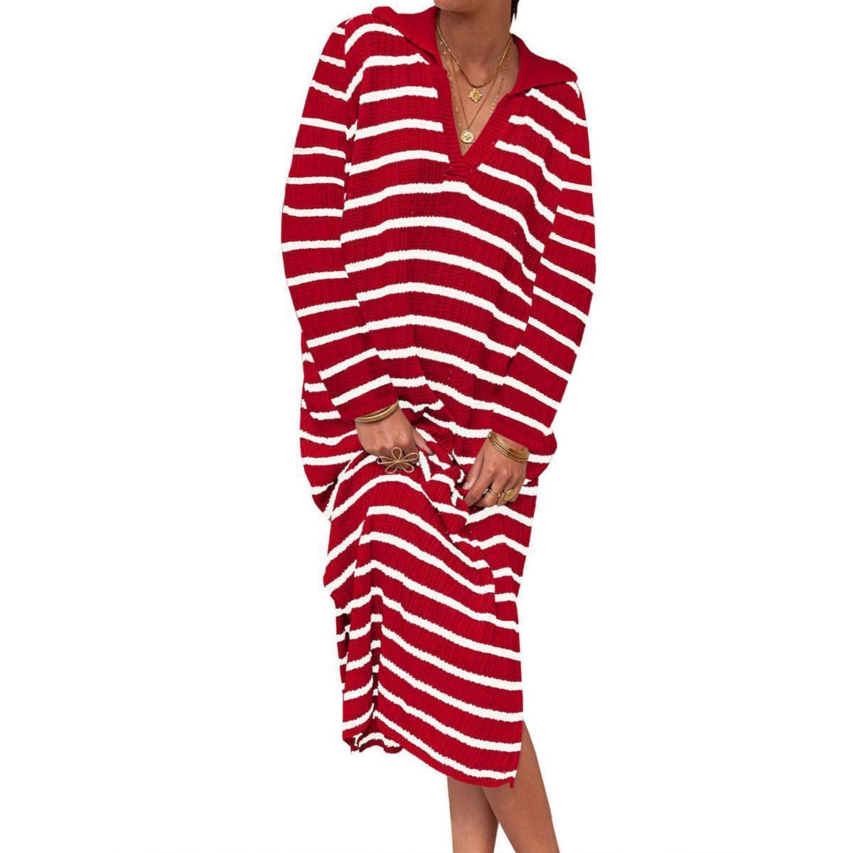Red-long sleeve Imily Bela Womens Striped Summer Dresses Short Sleeve V Neck Knit Collared Sexy Slit Loose Maxi Sweater Dress