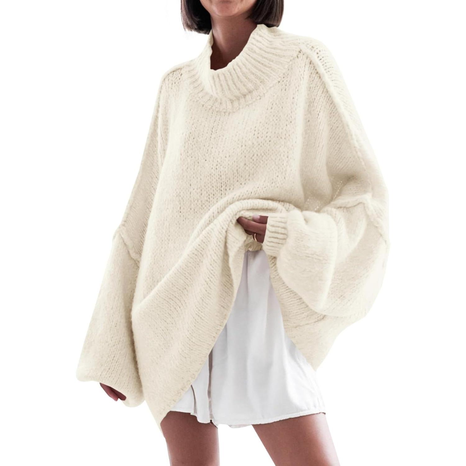 Creamy-white Imily Bela【Oversized】Womens Sweaters Mock Neck Batwing Long Sleeve Fall Trendy Ribbed Knit Casual Tunic Sweater