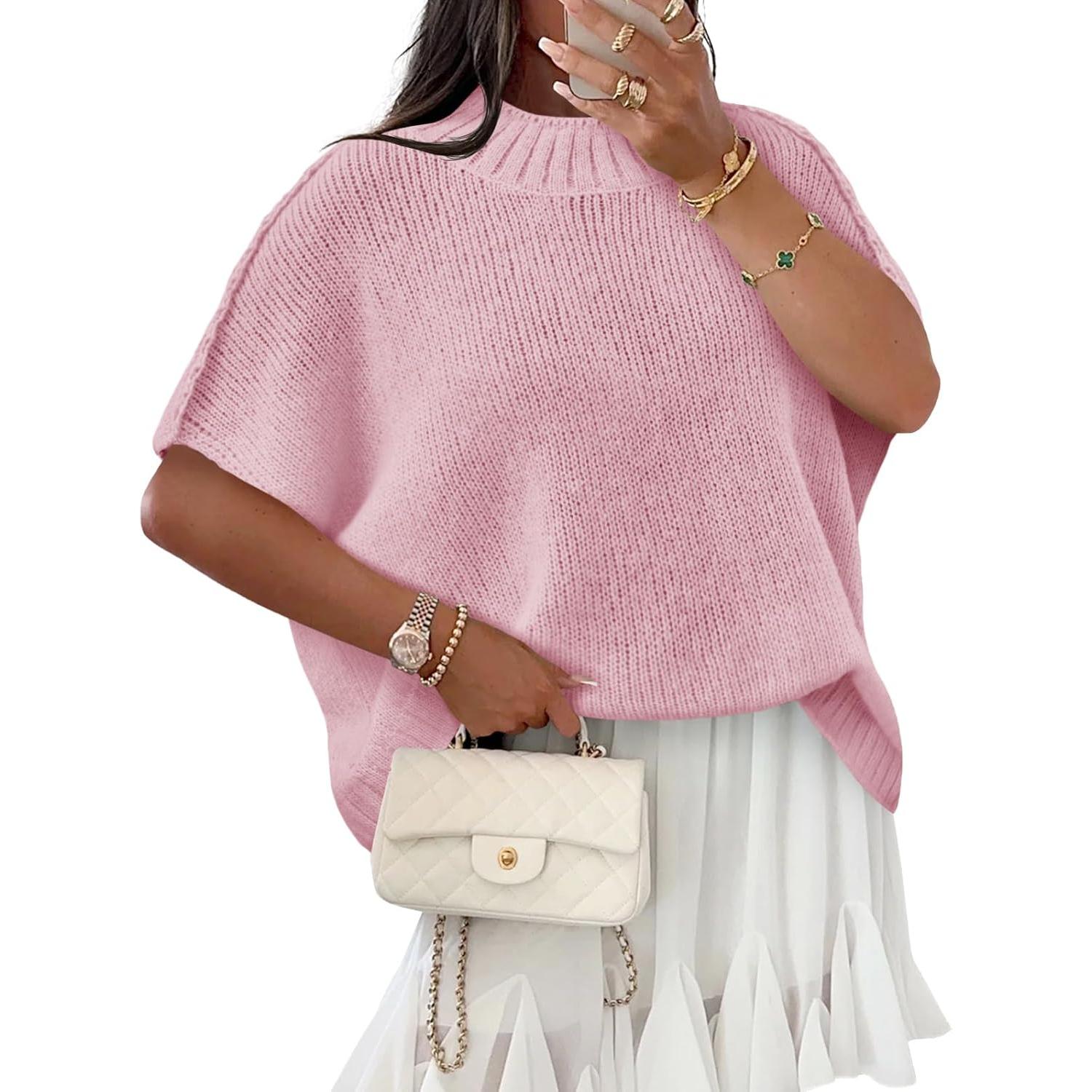 Pink Imily Bela Womens Oversized Sweater Tops Summer Lightweight Batwing Half Sleeve Casual Loose Knit Pullover Shirts Clothes Skirts Knitwear