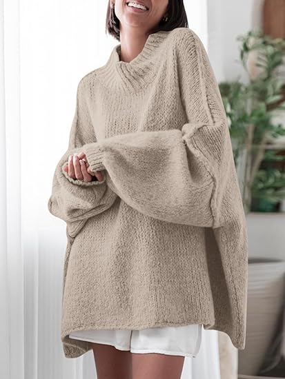 Imily Bela【Oversized】Womens Sweaters Mock Neck Batwing Long Sleeve Fall Trendy Ribbed Knit Casual Tunic Sweater