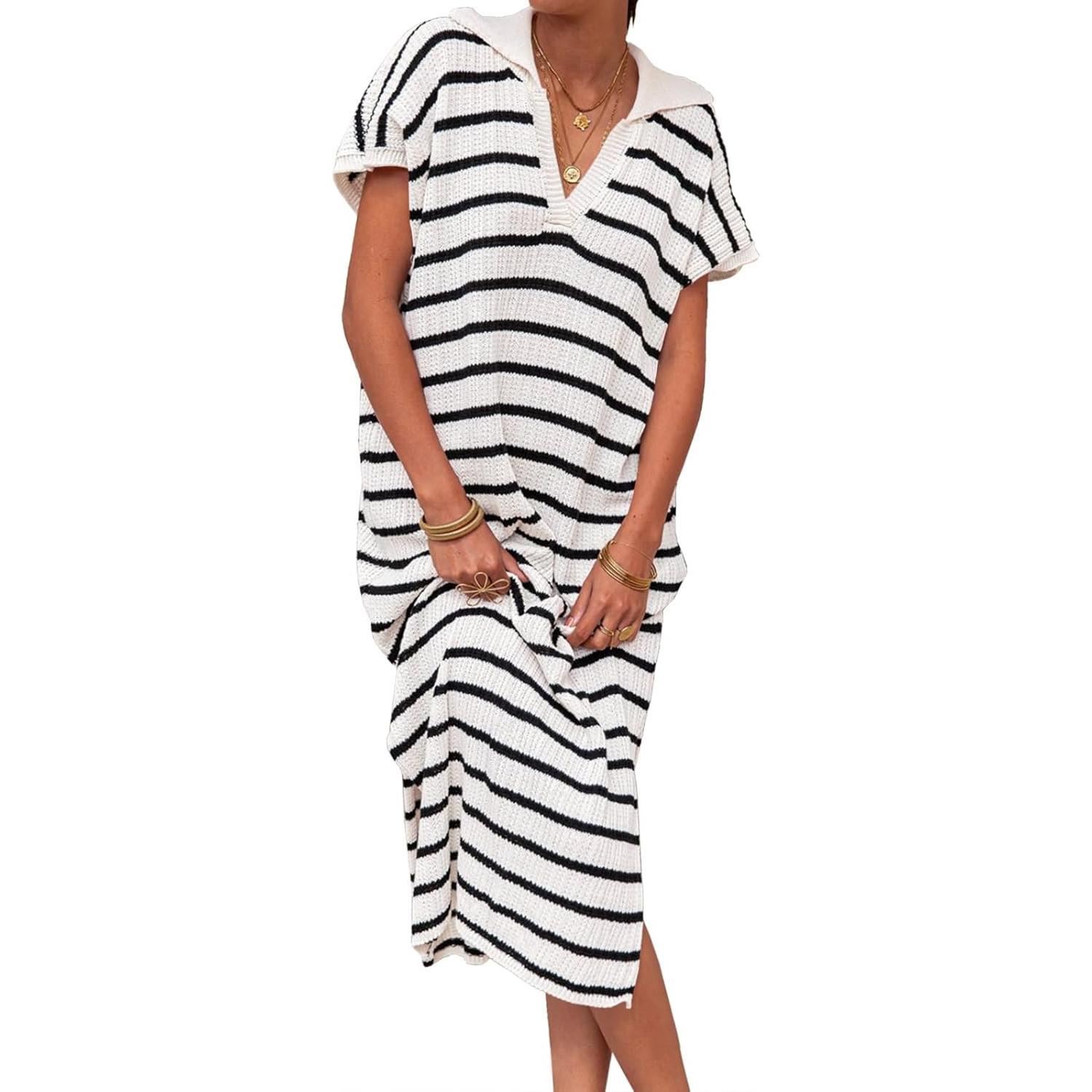 White Imily Bela Womens Striped Summer Dresses Short Sleeve V Neck Knit Collared Sexy Slit Loose Maxi Sweater Dress