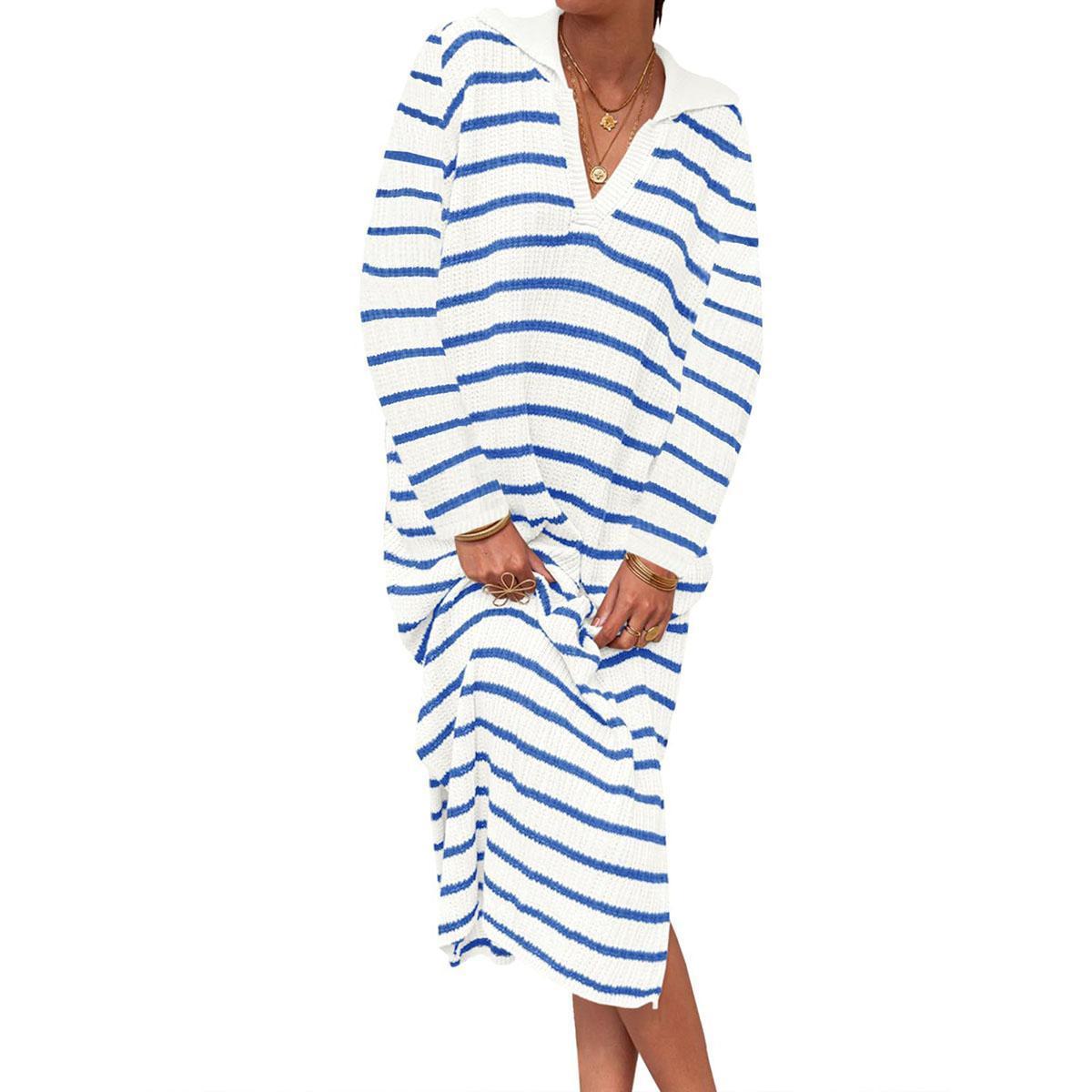 White&blue-long sleeve Imily Bela Womens Striped Summer Dresses Short Sleeve V Neck Knit Collared Sexy Slit Loose Maxi Sweater Dress