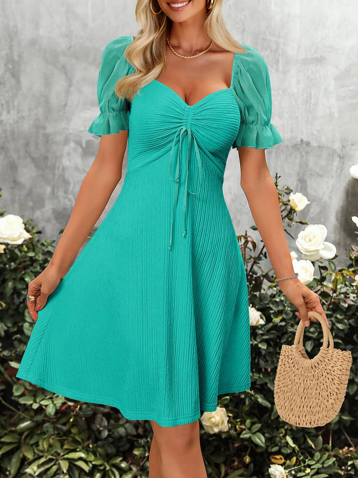 Imily Bela Womens Summer Short Puff Sleeve Mini Dresses Drawstring Sweetheart Neck Casual Slim Flowy Dress Sundress