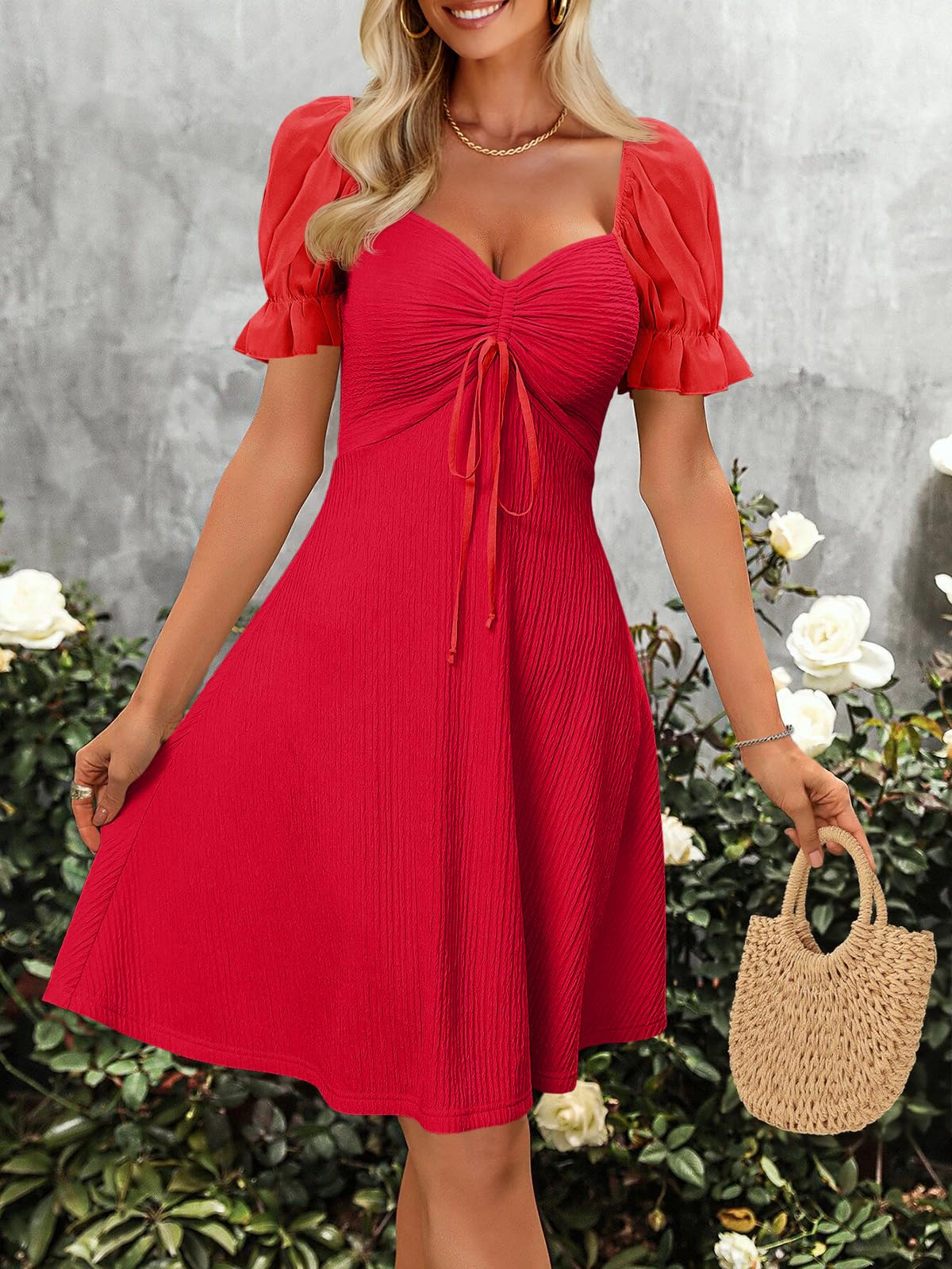 Imily Bela Womens Summer Short Puff Sleeve Mini Dresses Drawstring Sweetheart Neck Casual Slim Flowy Dress Sundress