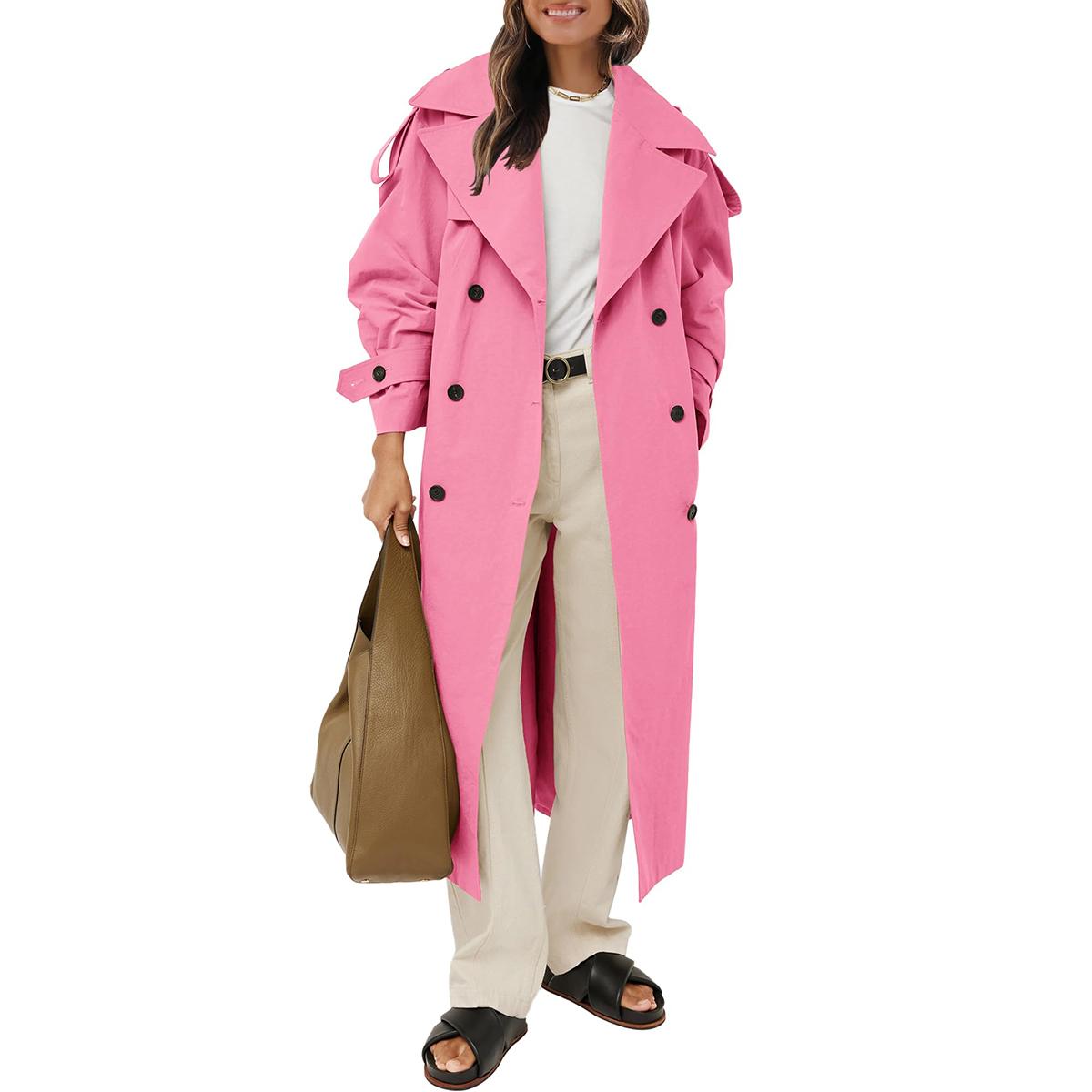 Pink Imily Bela Womens Oversized Long Trench Coat Double Breasted Lapel Windproof Overcoat with Belt