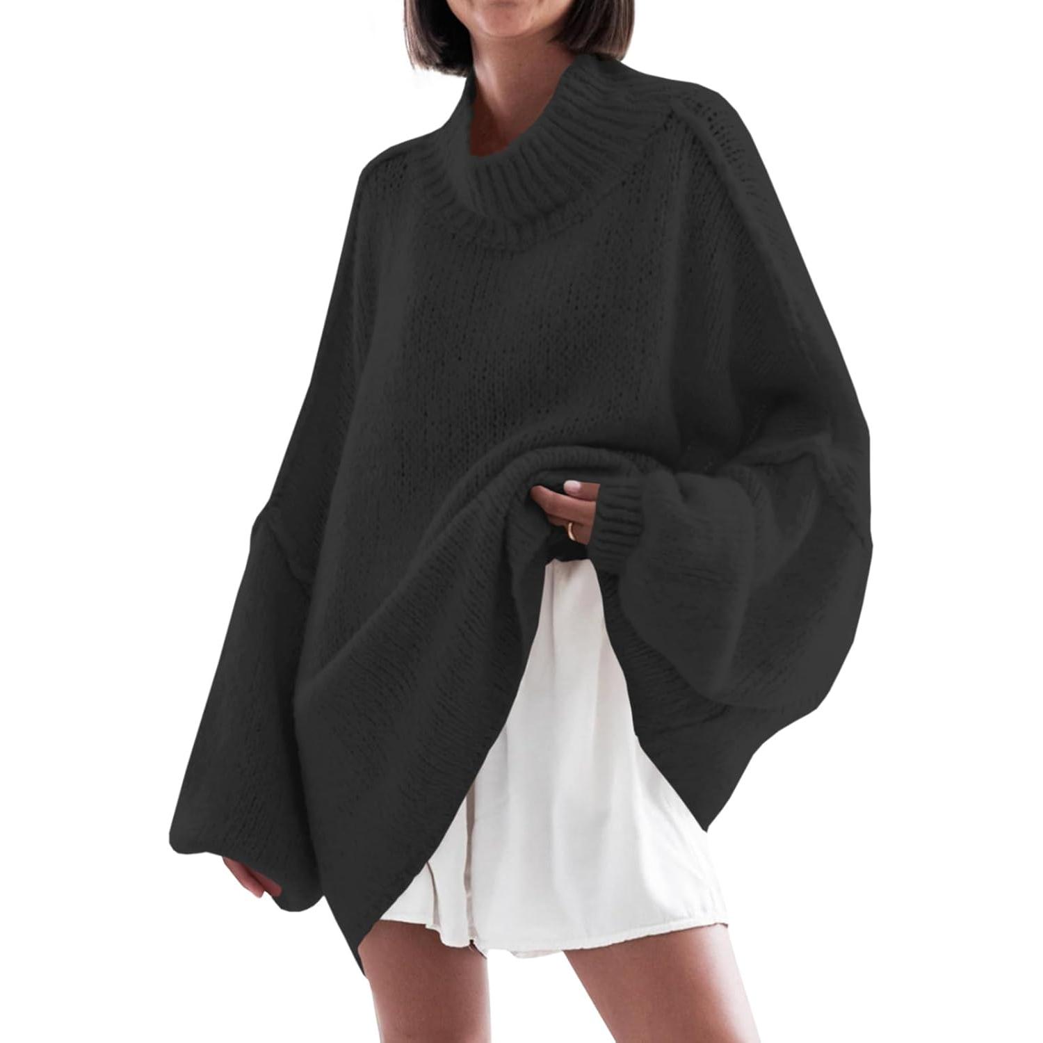 Black Imily Bela【Oversized】Womens Sweaters Mock Neck Batwing Long Sleeve Fall Trendy Ribbed Knit Casual Tunic Sweater
