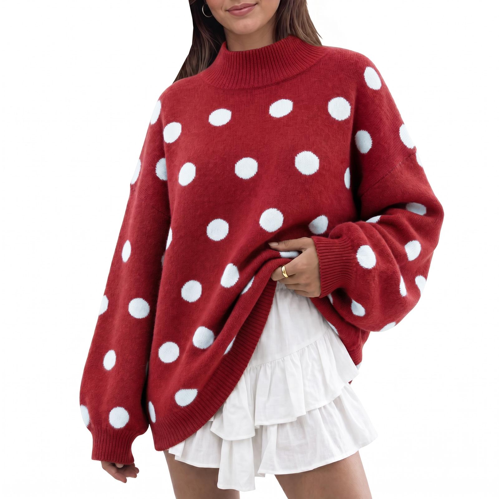Polka Dot-Red Imily Bela【Oversized】Womens Sweaters Mock Neck Batwing Long Sleeve Fall Trendy Ribbed Knit Casual Tunic Sweater