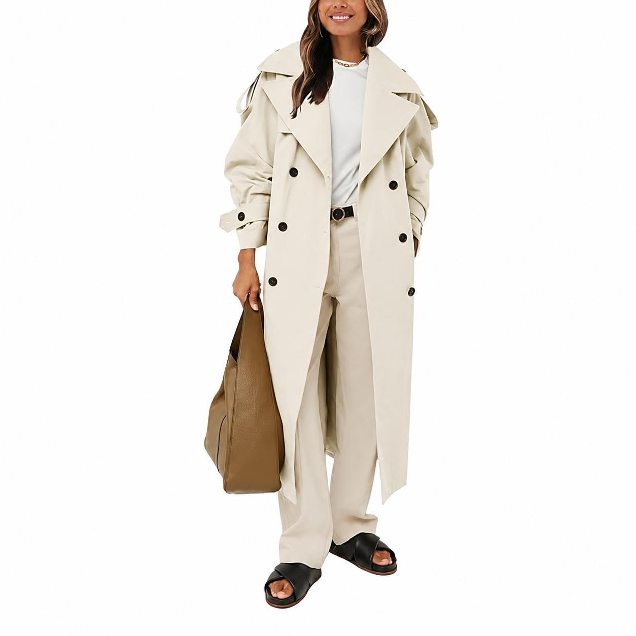 Beige Imily Bela Womens Oversized Long Trench Coat Double Breasted Lapel Windproof Overcoat with Belt