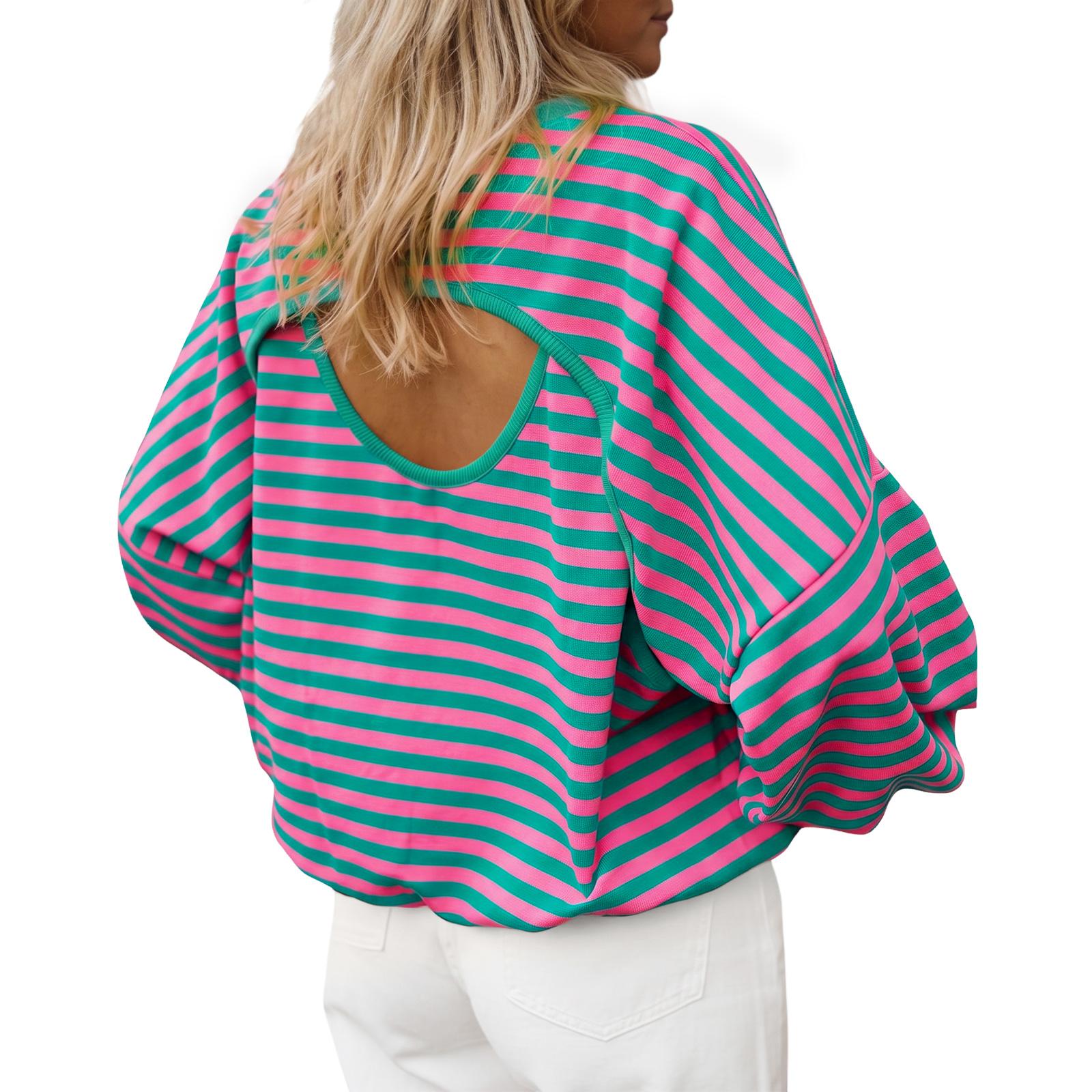 Imily Bela Women’s Striped Oversized Pullover Sweatshirt, Open Back Design, 2026 Cutout Back Pullover Top, Fashion Casual Long Sleeve Shirt