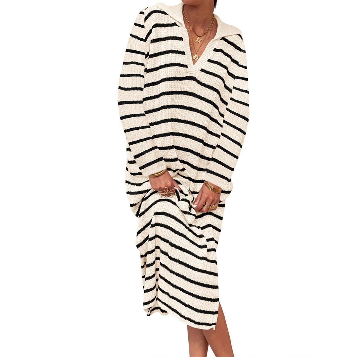 Beige-long sleeve Imily Bela Womens Striped Summer Dresses Short Sleeve V Neck Knit Collared Sexy Slit Loose Maxi Sweater Dress