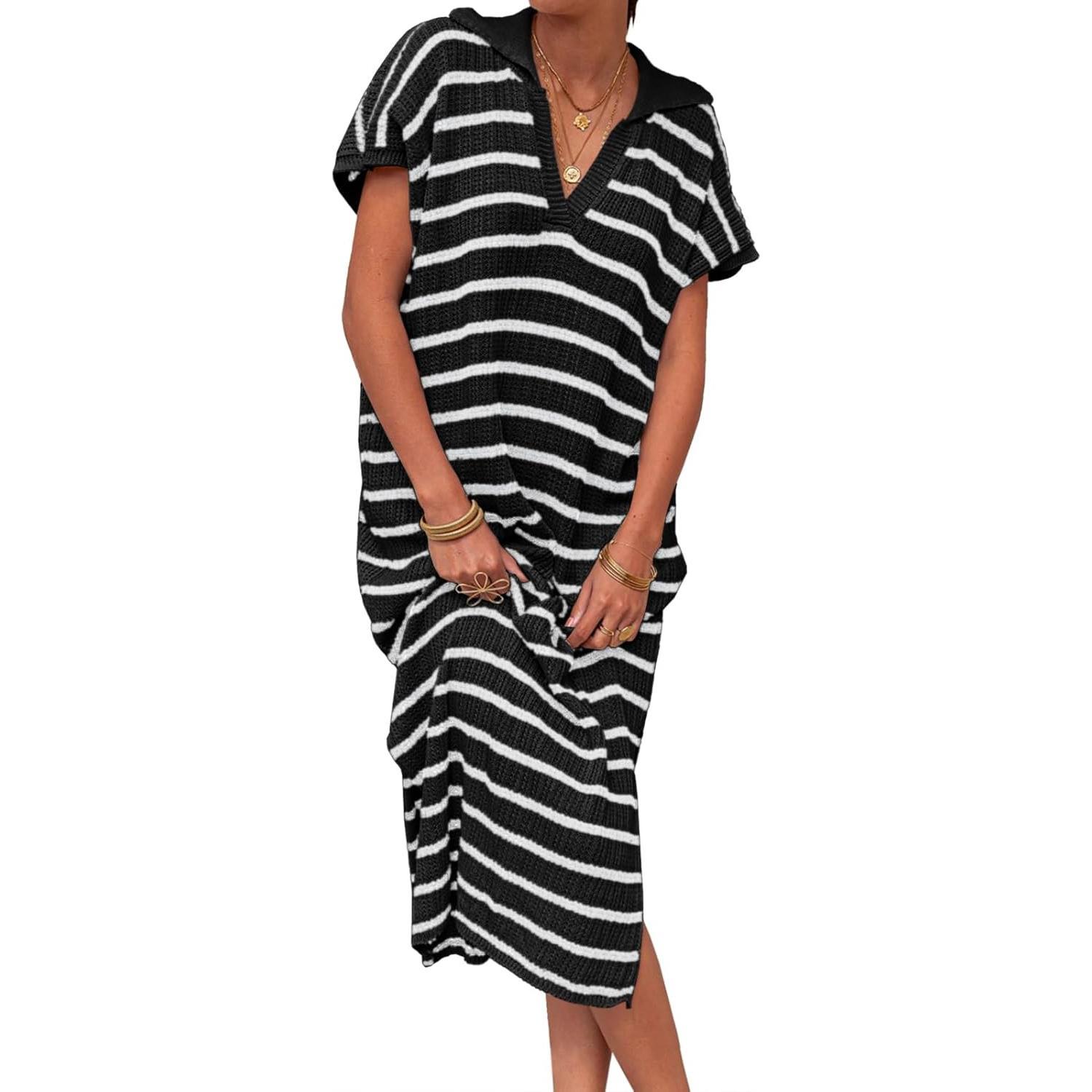 Black Imily Bela Womens Striped Summer Dresses Short Sleeve V Neck Knit Collared Sexy Slit Loose Maxi Sweater Dress