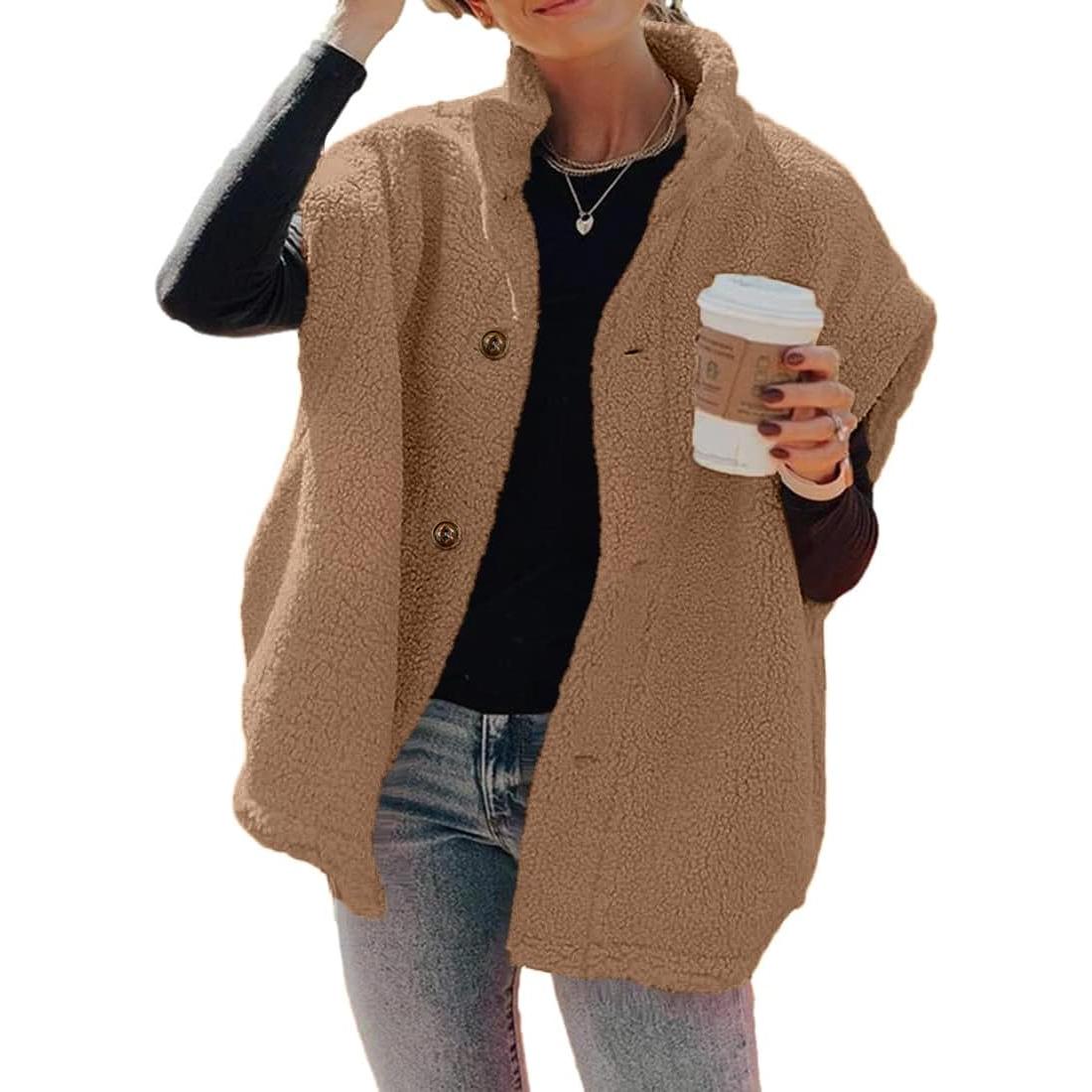 Brown Imily Bela Womens Fuzzy Fleece Vest Casual Oversized Warm Button Down Sherpa Vest Jacket with Pockets