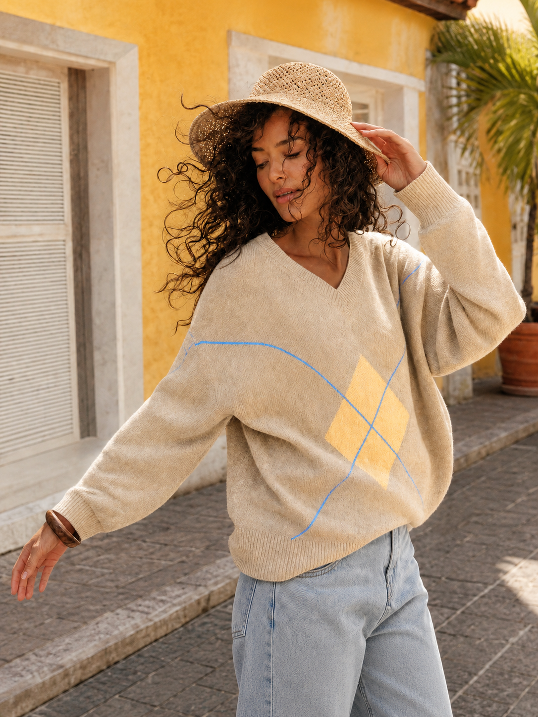 Imily Bela Argyle Drop-Shoulder V-Neck Sweater