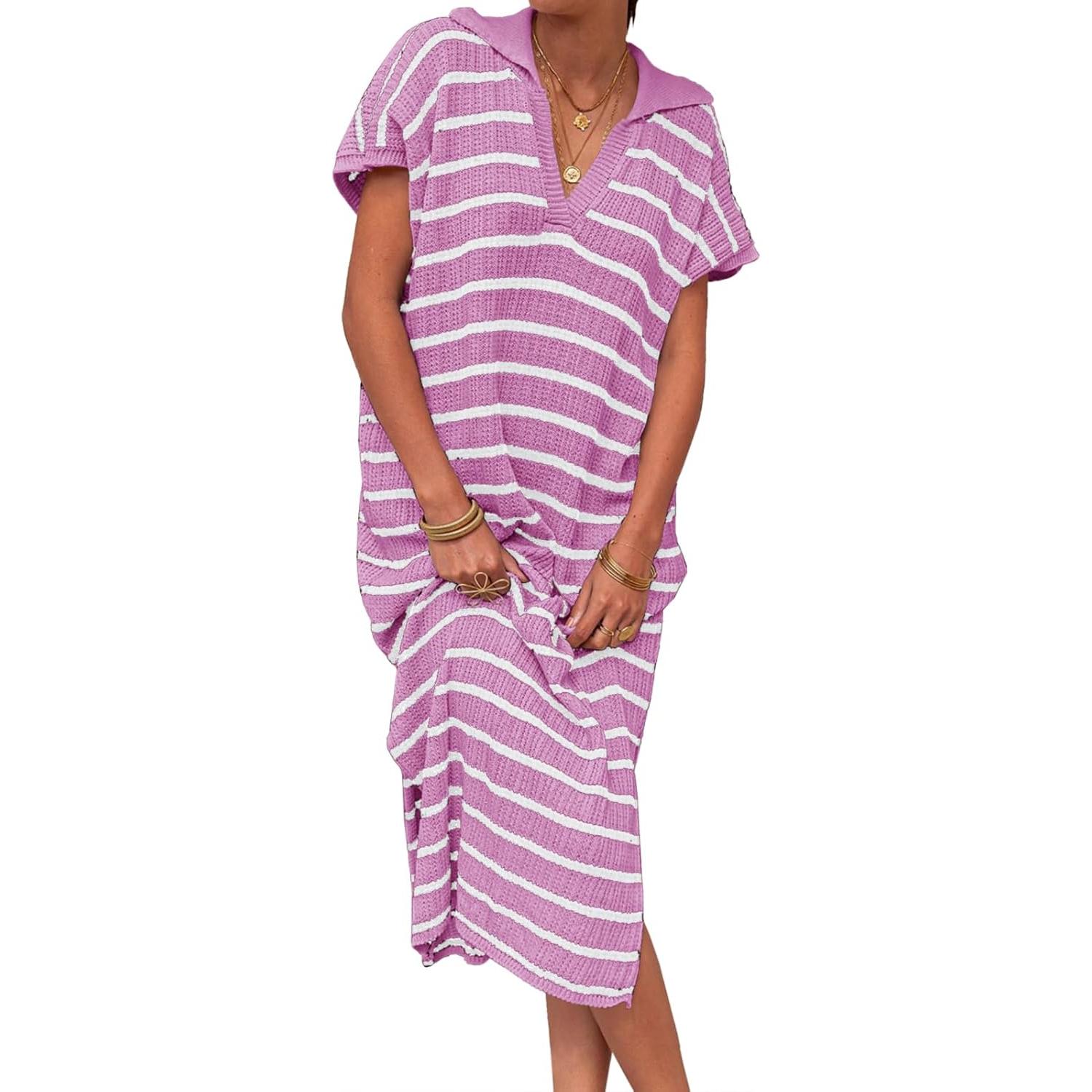 Imily Bela Womens Striped Summer Dresses Short Sleeve V Neck Knit Collared Sexy Slit Loose Maxi Sweater Dress