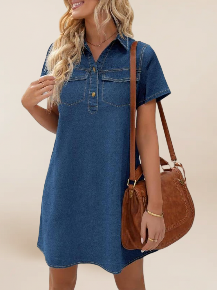 Imily Bela Women'S Short Sleeve Denim Dress Button Down Collared Loose Fit Summer Casual Jean Shirt Mini Dresses