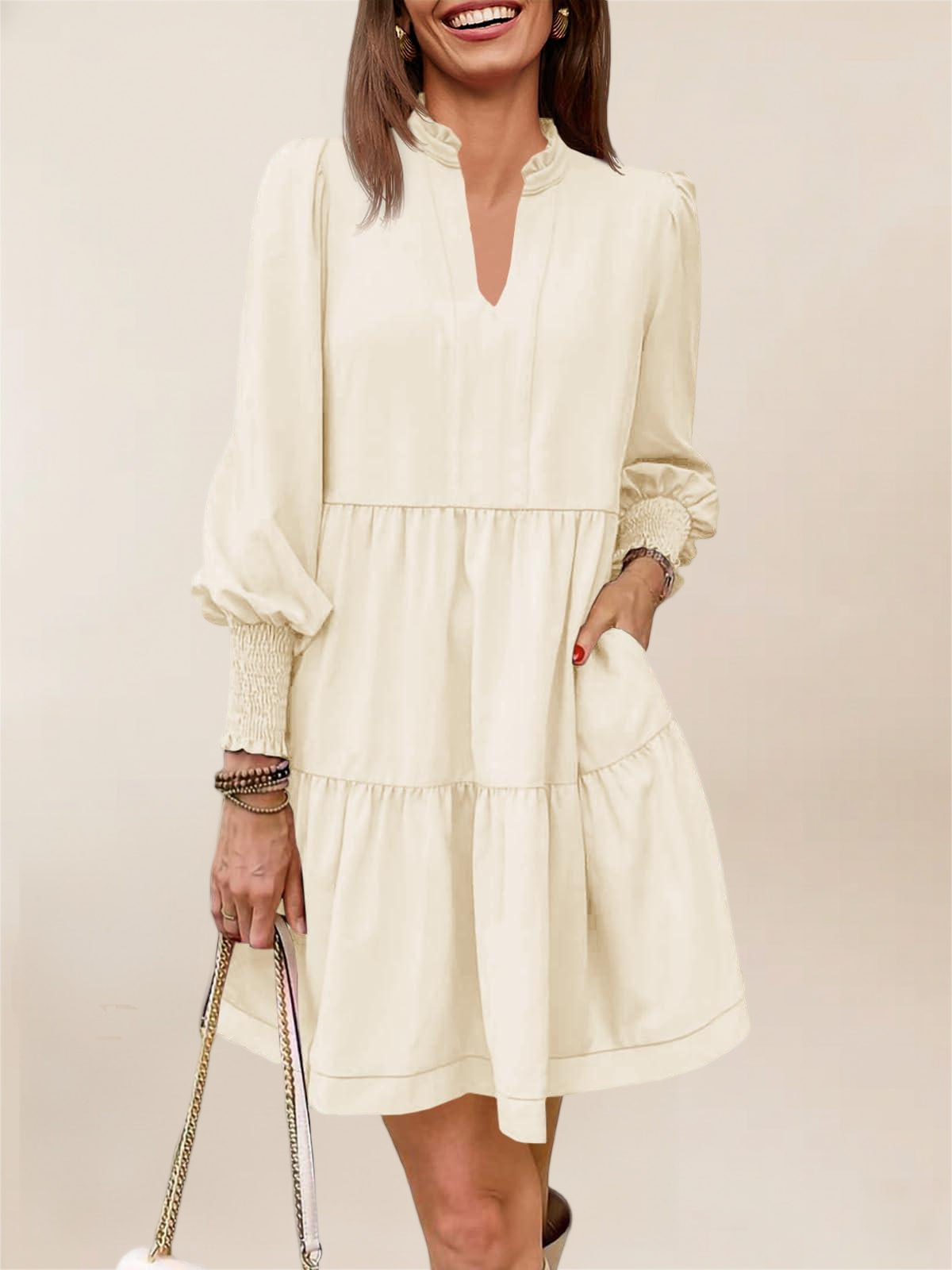 Imily Bela Womens Fall Long Sleeve Tunic Dress Casual V Neck Loose Ruffle Tiered Dress