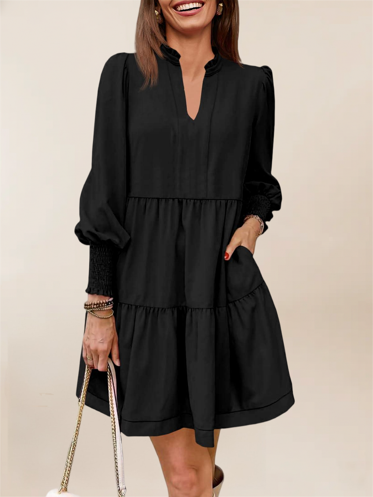 Imily Bela Womens Fall Long Sleeve Tunic Dress Casual V Neck Loose Ruffle Tiered Dress