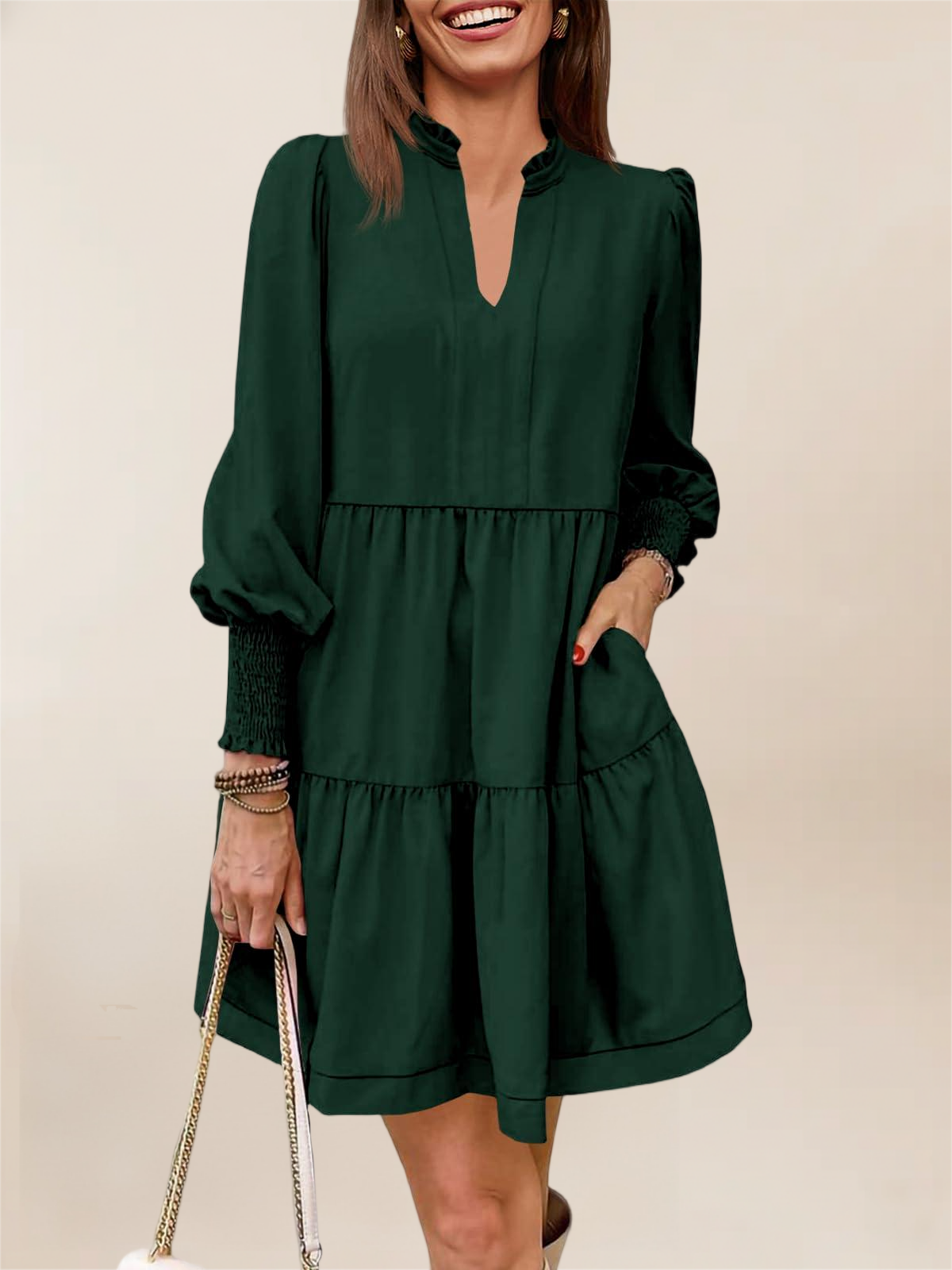 Imily Bela Womens Fall Long Sleeve Tunic Dress Casual V Neck Loose Ruffle Tiered Dress