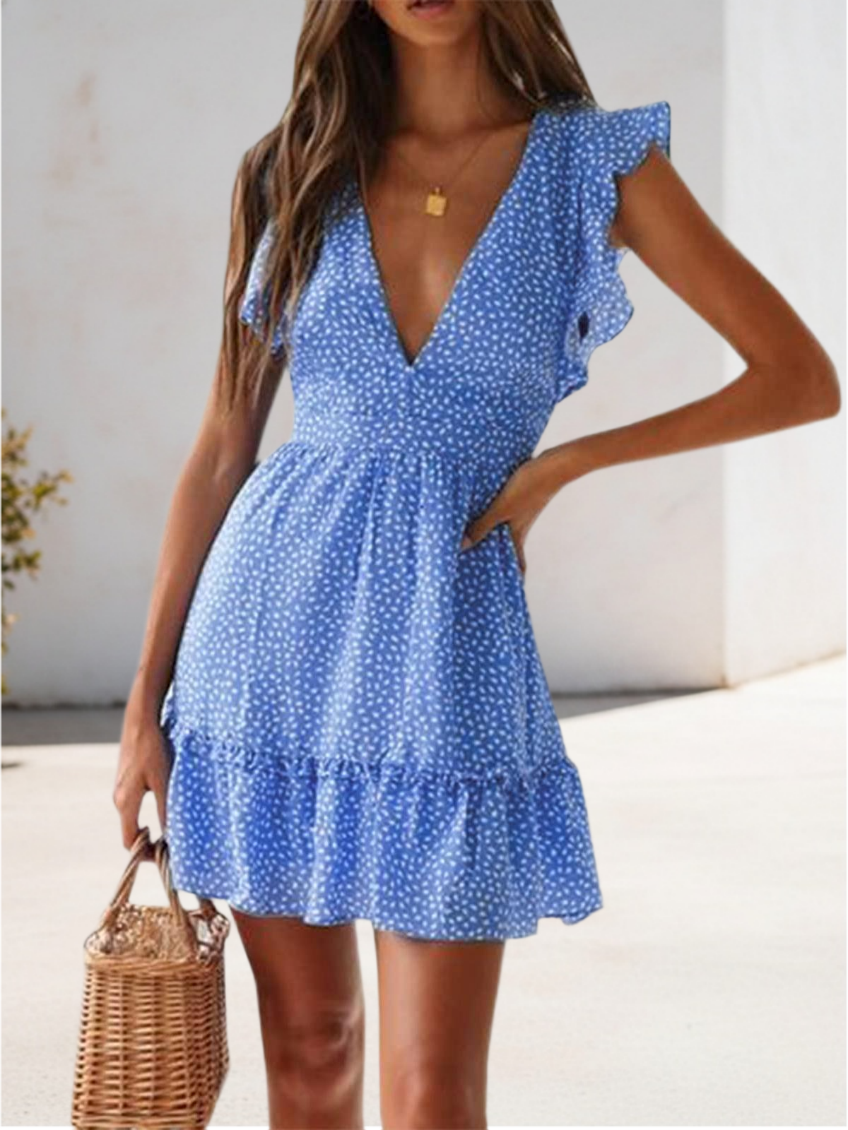 Imily Bela Women Floral Mini Dress Sexy V Neck Ruffle Flutter Sleeve Polka Dot Summer Dresses