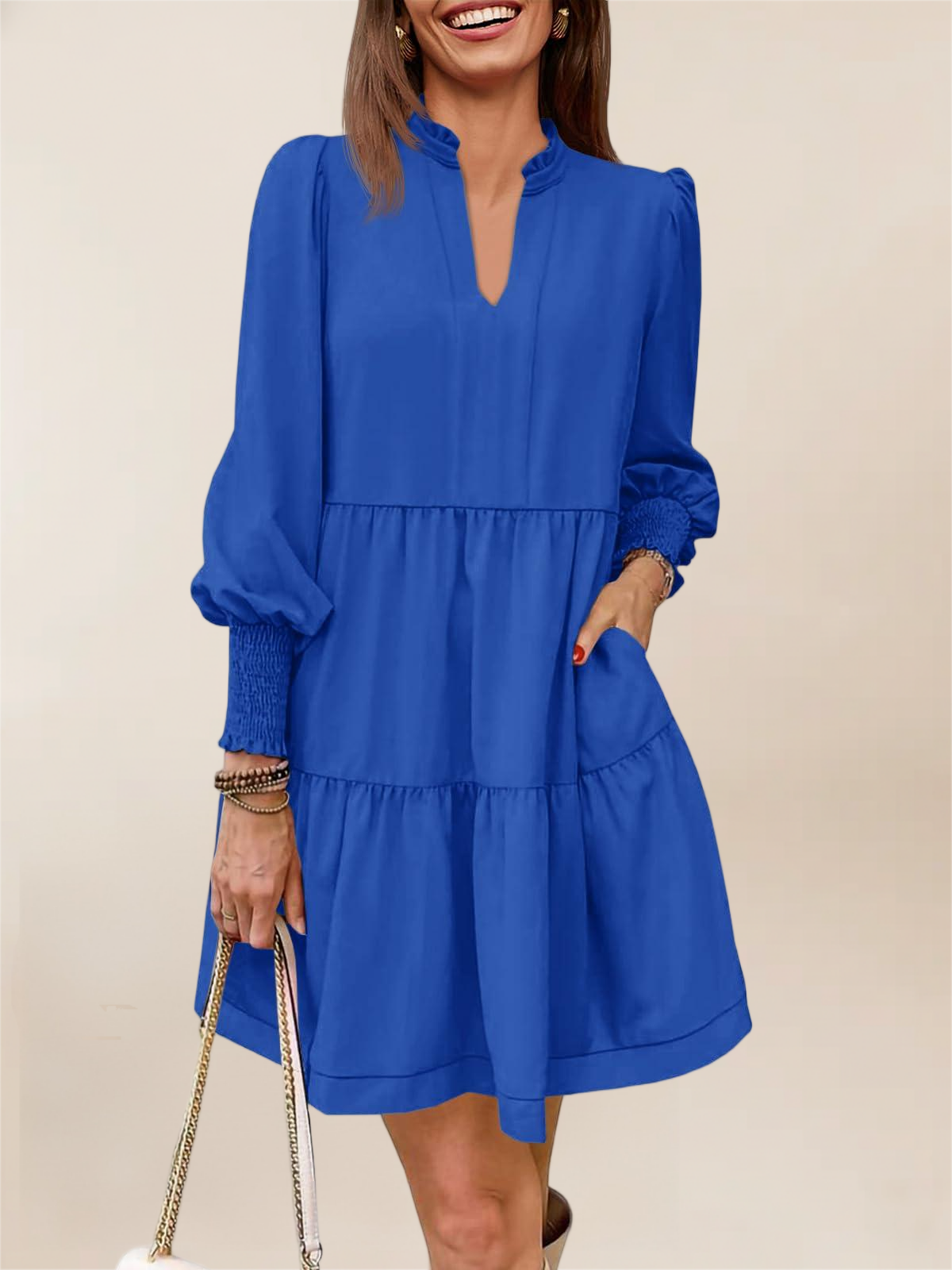 Imily Bela Womens Fall Long Sleeve Tunic Dress Casual V Neck Loose Ruffle Tiered Dress