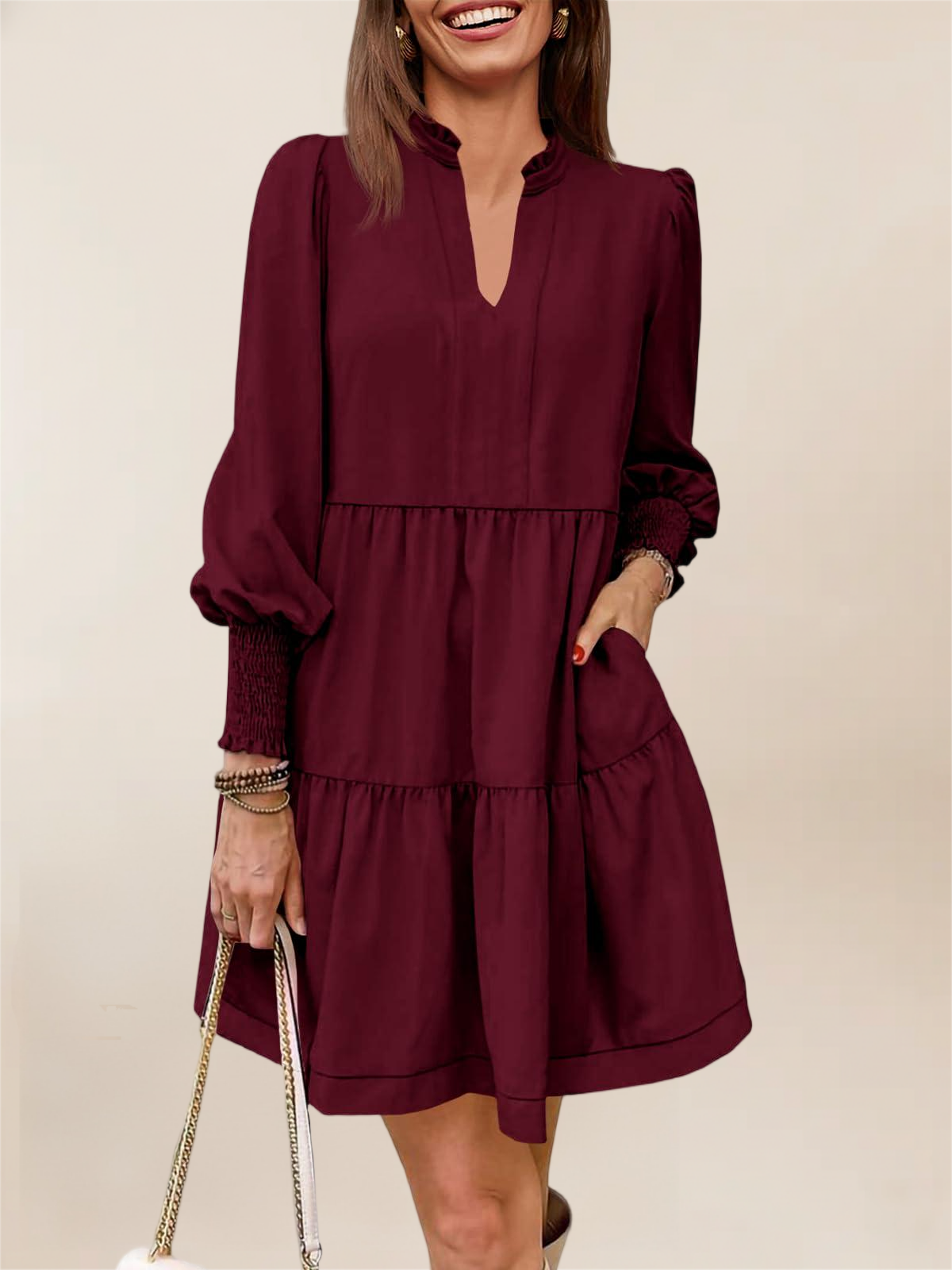 Imily Bela Womens Fall Long Sleeve Tunic Dress Casual V Neck Loose Ruffle Tiered Dress