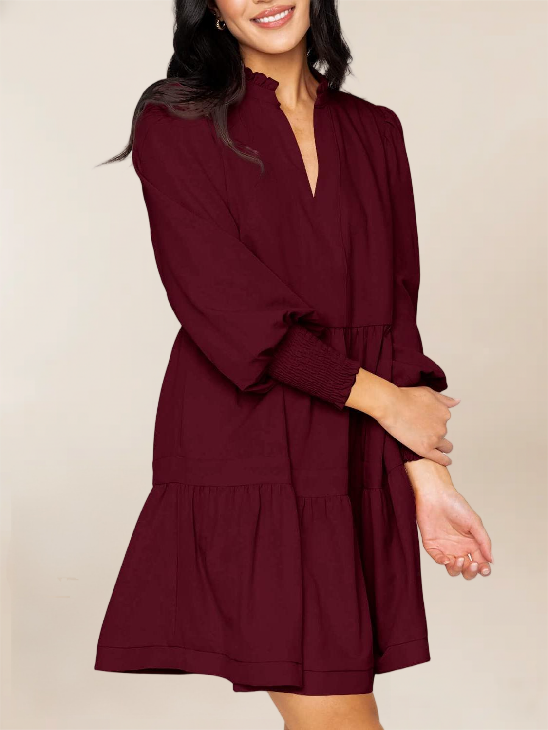 Imily Bela Womens Fall Long Sleeve Tunic Dress Casual V Neck Loose Ruffle Tiered Dress