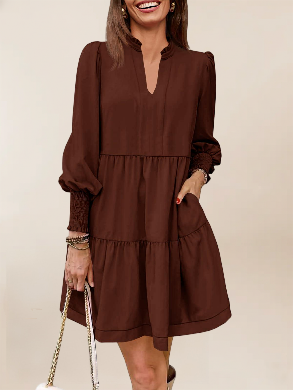 Imily Bela Womens Fall Long Sleeve Tunic Dress Casual V Neck Loose Ruffle Tiered Dress