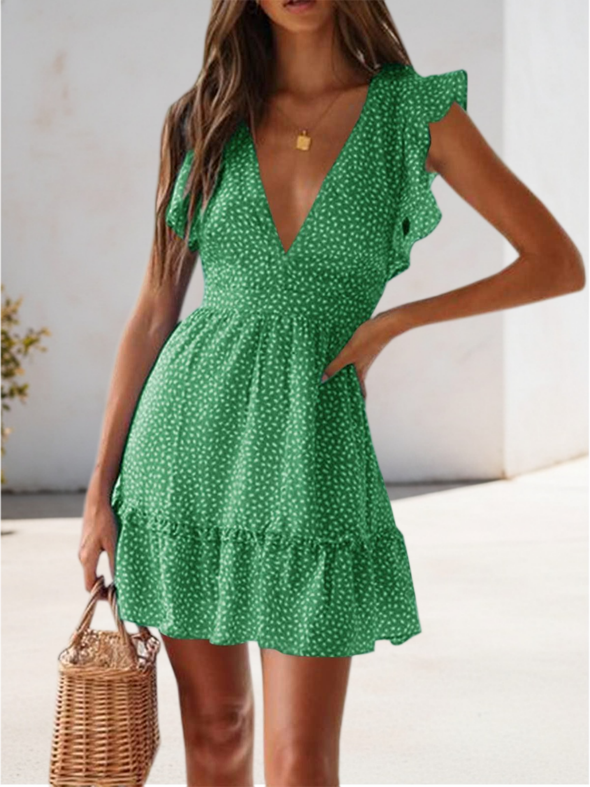 Imily Bela Women Floral Mini Dress Sexy V Neck Ruffle Flutter Sleeve Polka Dot Summer Dresses