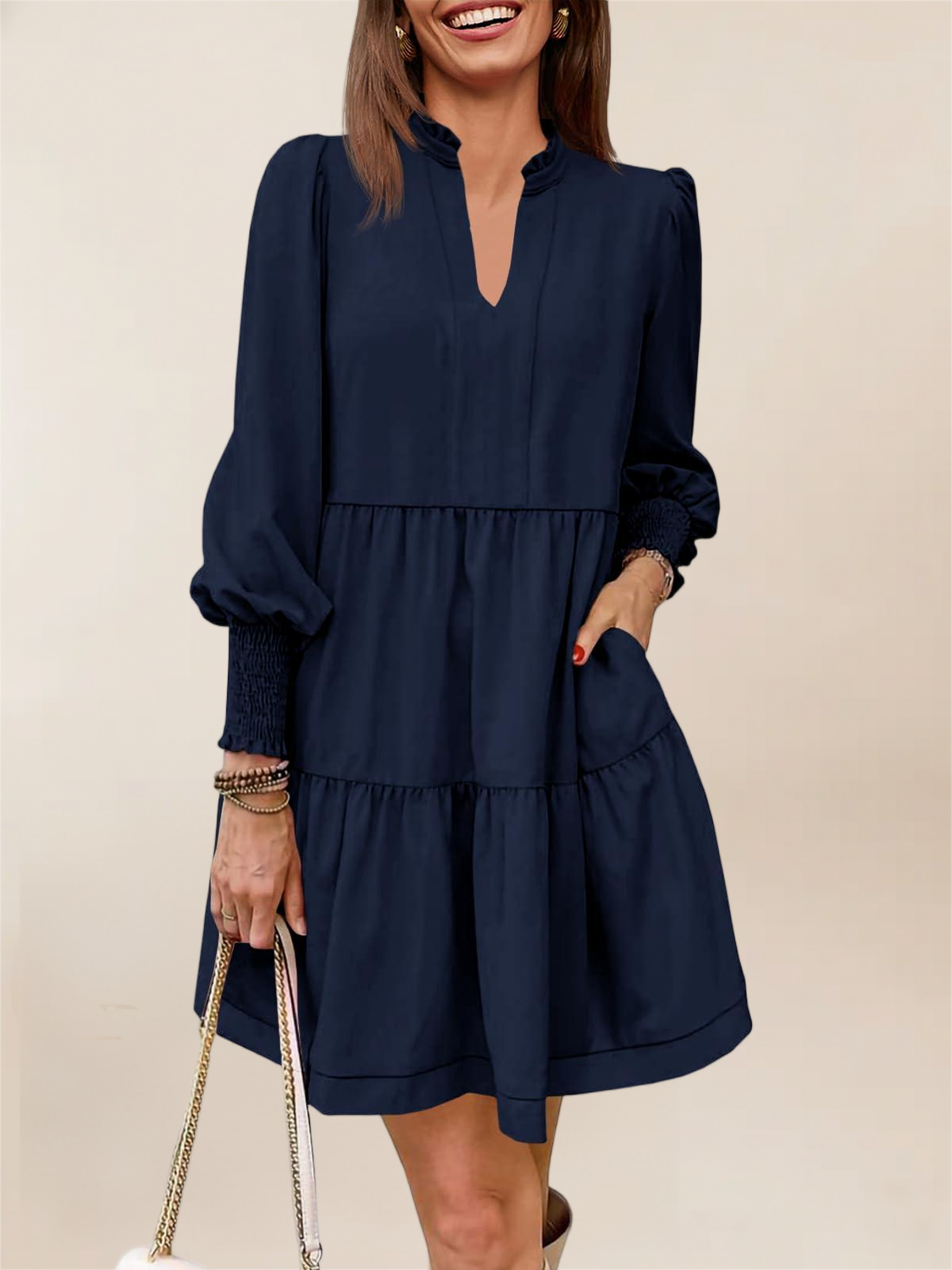 Imily Bela Womens Fall Long Sleeve Tunic Dress Casual V Neck Loose Ruffle Tiered Dress