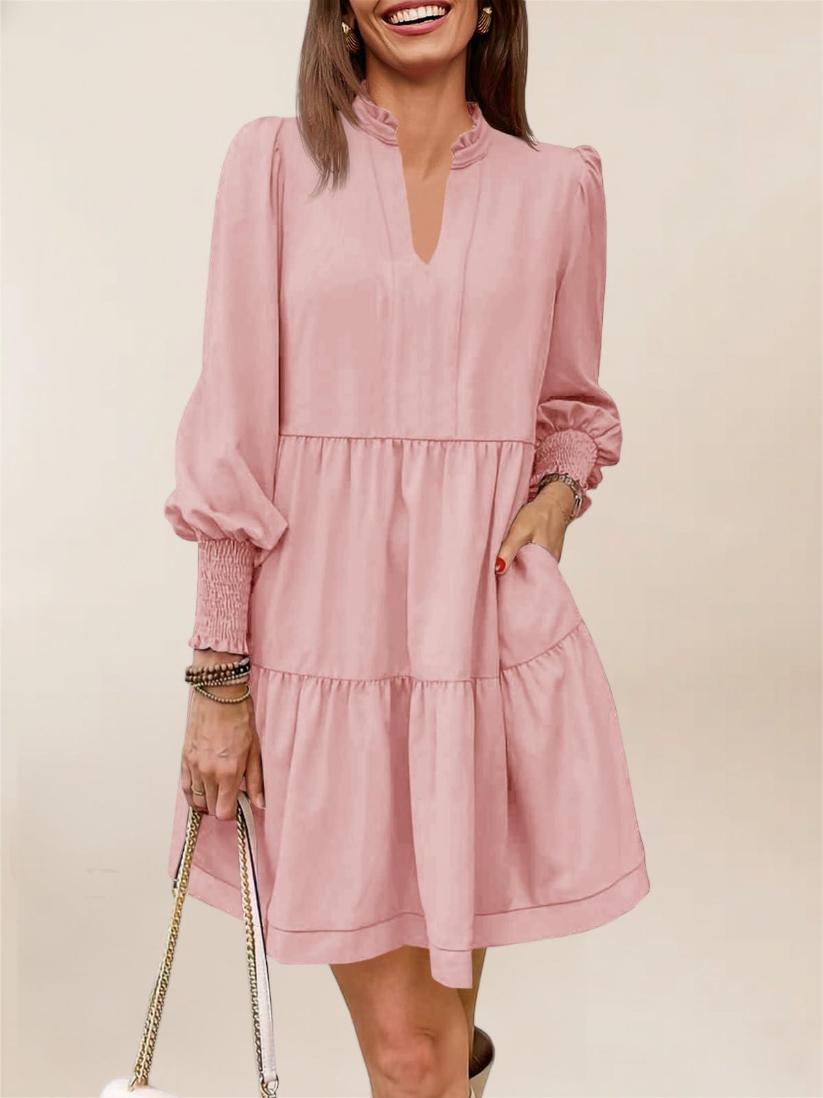 Imily Bela Womens Fall Long Sleeve Tunic Dress Casual V Neck Loose Ruffle Tiered Dress