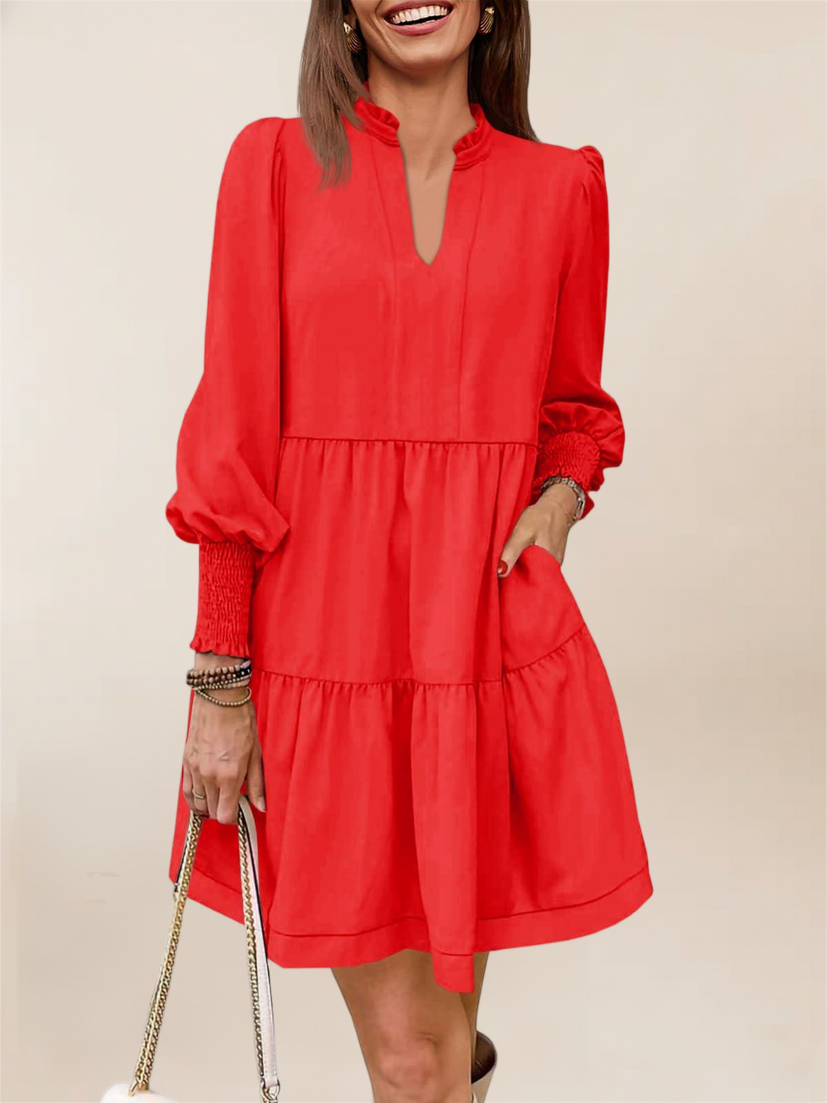 Imily Bela Womens Fall Long Sleeve Tunic Dress Casual V Neck Loose Ruffle Tiered Dress