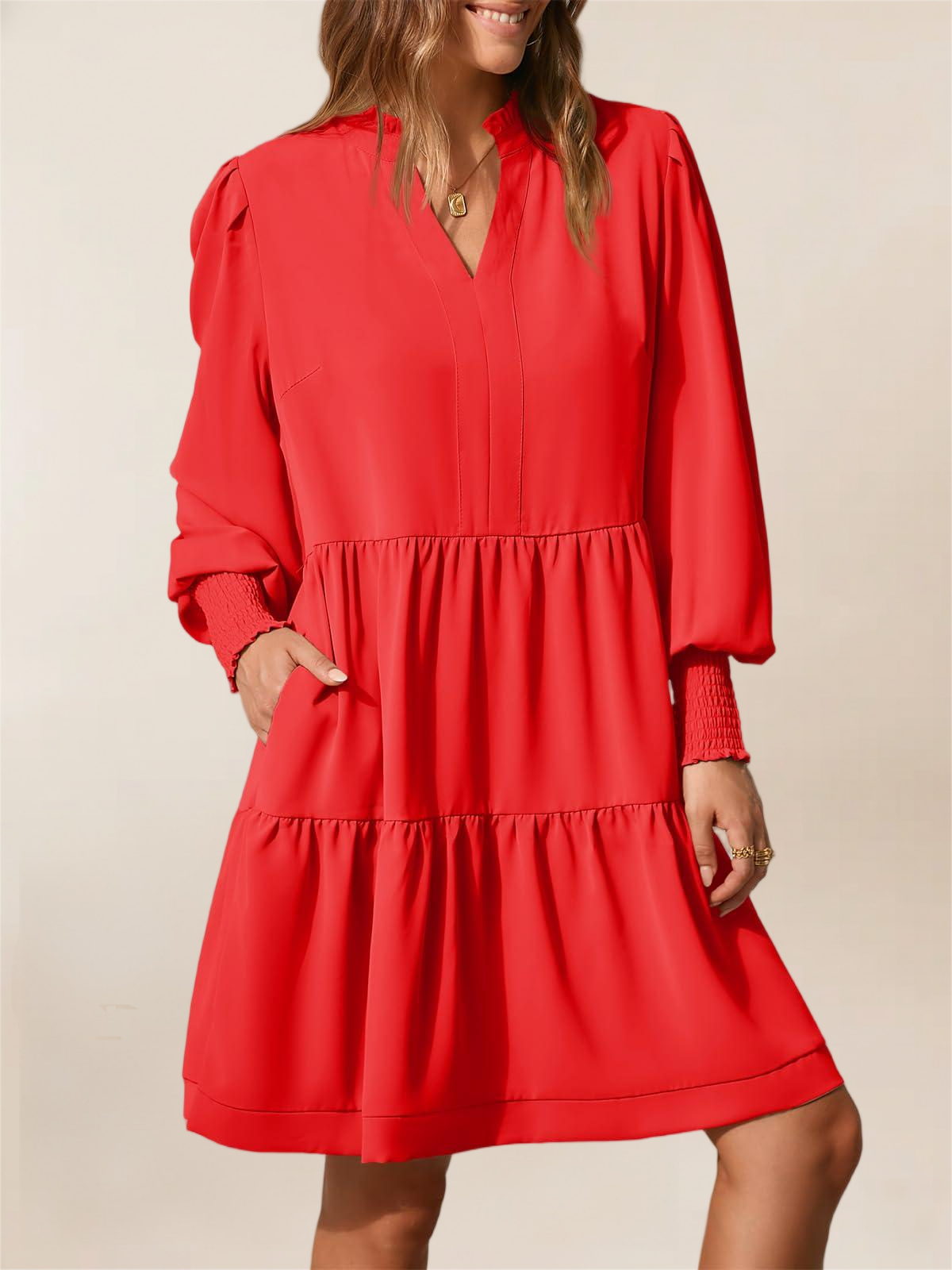 Imily Bela Womens Fall Long Sleeve Tunic Dress Casual V Neck Loose Ruffle Tiered Dress