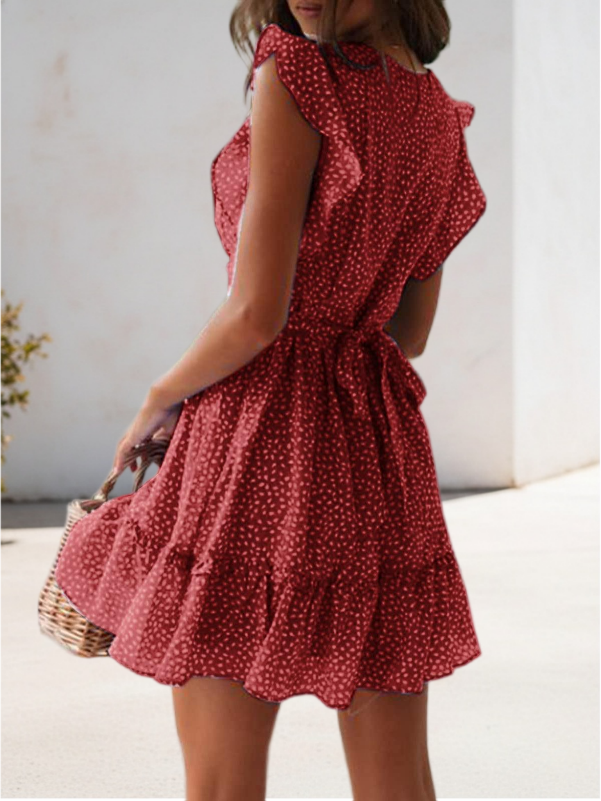 Imily Bela Women Floral Mini Dress Sexy V Neck Ruffle Flutter Sleeve Polka Dot Summer Dresses