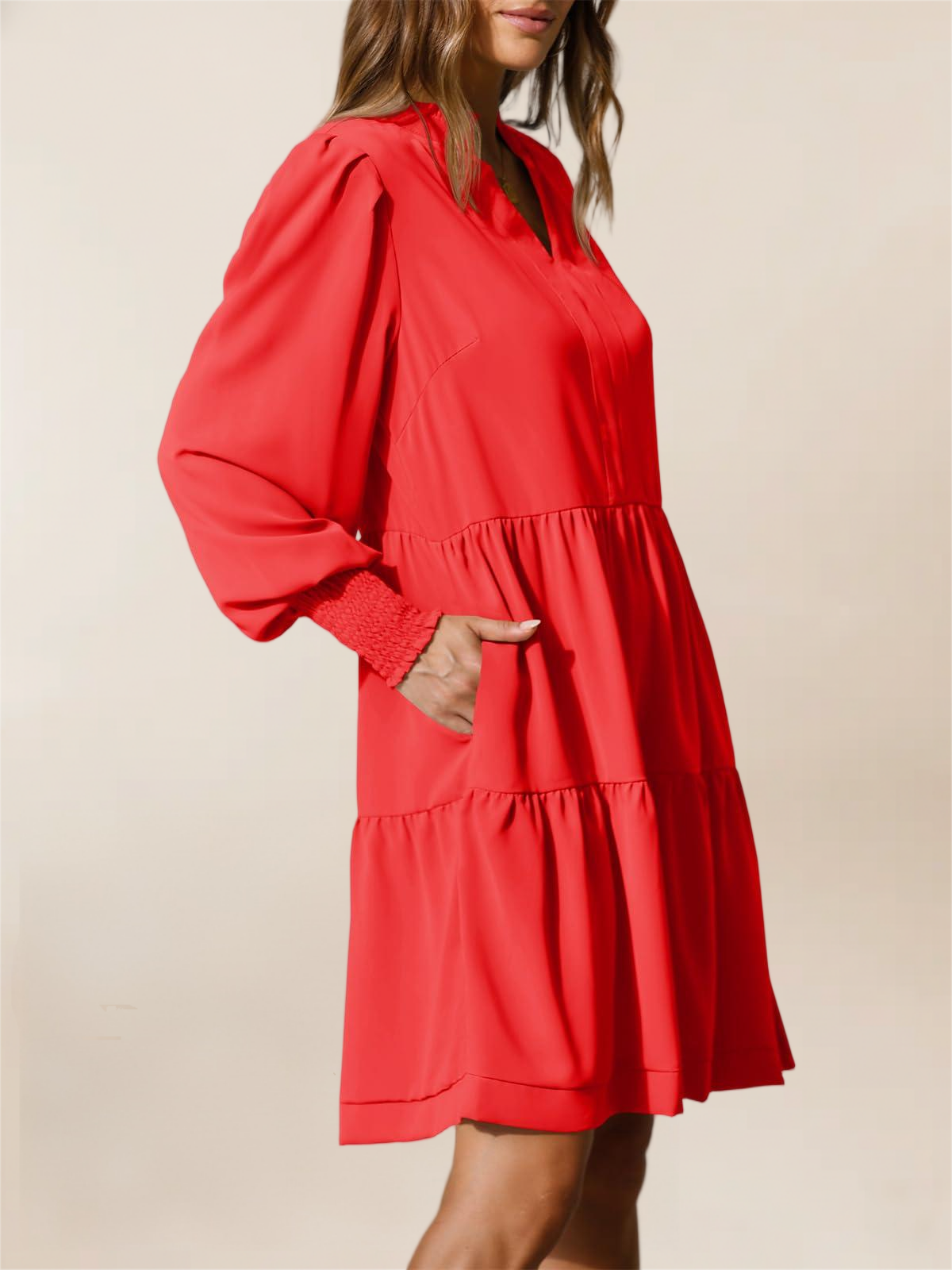 Imily Bela Womens Fall Long Sleeve Tunic Dress Casual V Neck Loose Ruffle Tiered Dress