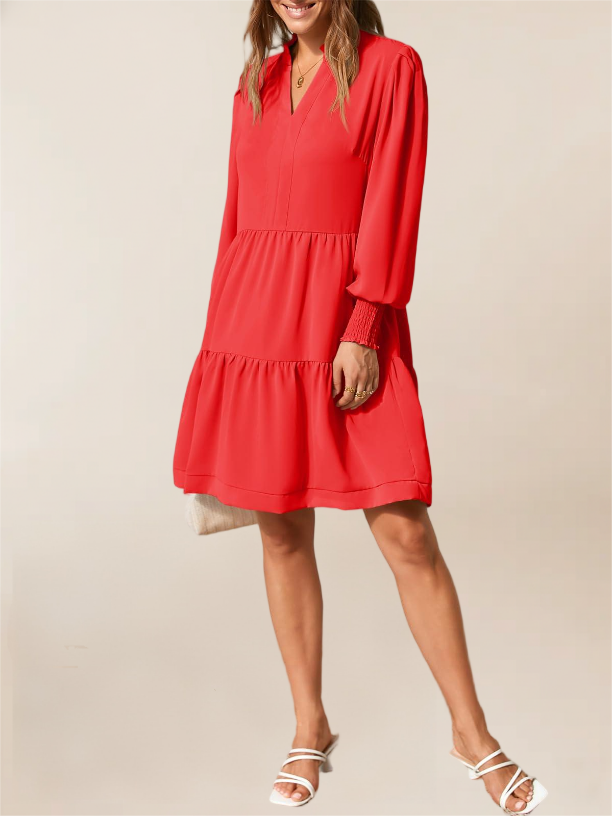 Imily Bela Womens Fall Long Sleeve Tunic Dress Casual V Neck Loose Ruffle Tiered Dress