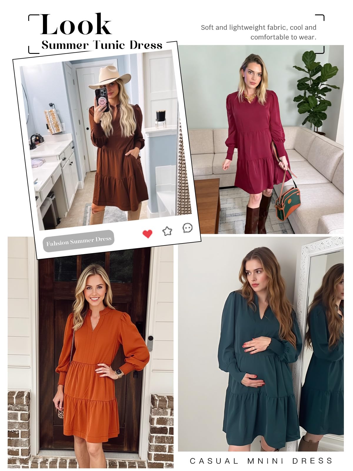 Imily Bela Womens Fall Long Sleeve Tunic Dress Casual V Neck Loose Ruffle Tiered Dress