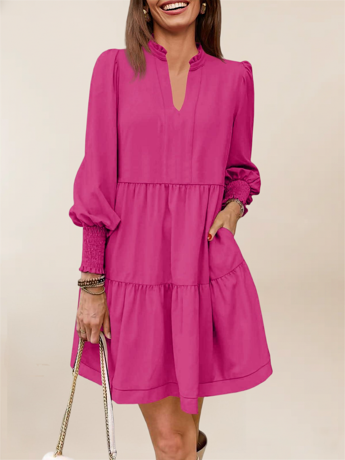 Imily Bela Womens Fall Long Sleeve Tunic Dress Casual V Neck Loose Ruffle Tiered Dress