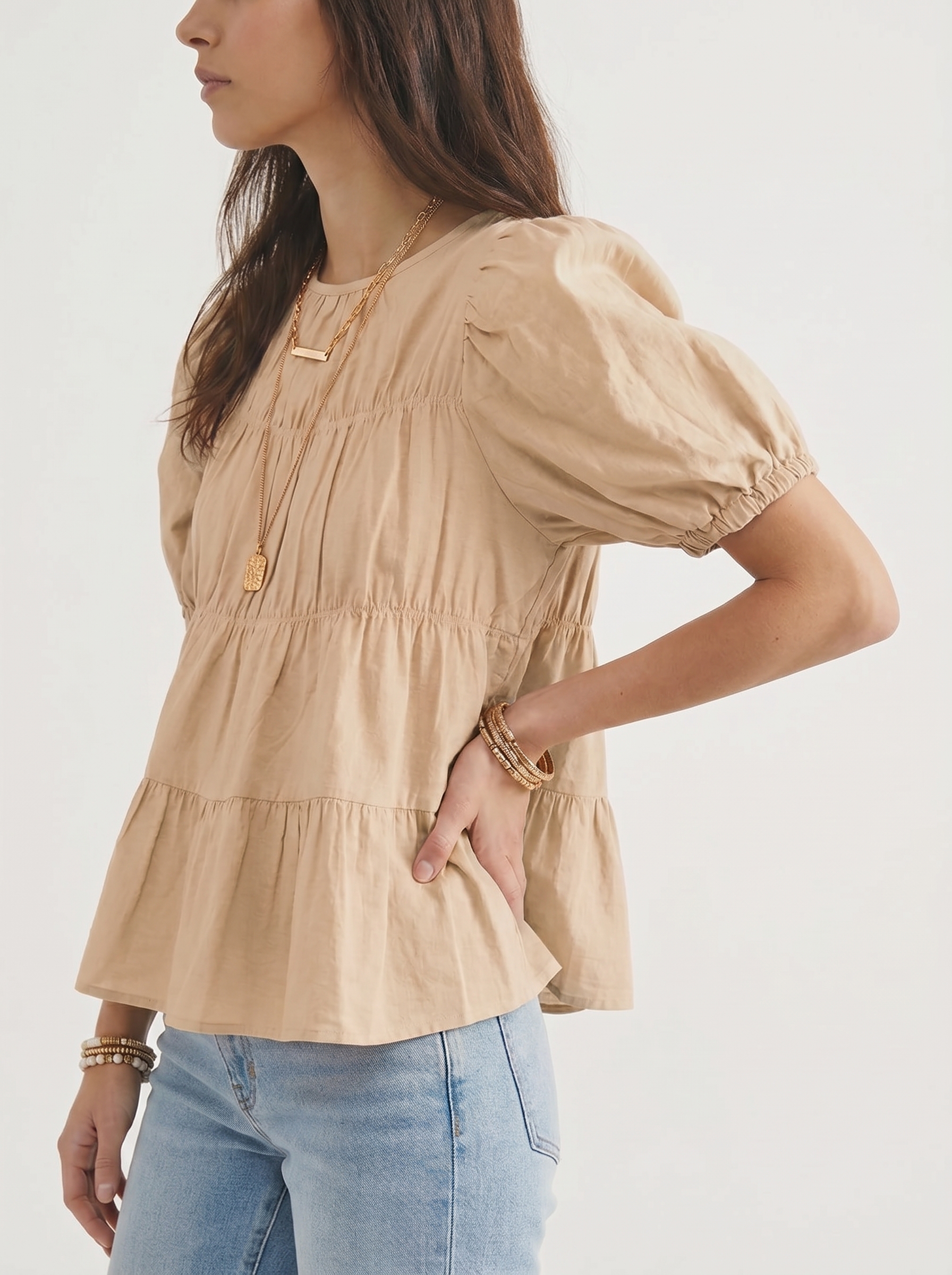 Womens Puff Sleeve Peplum Babydoll Tops Summer Flowy Pleated Cotton T-Shirts Casual Loose Fit Cute Blouse