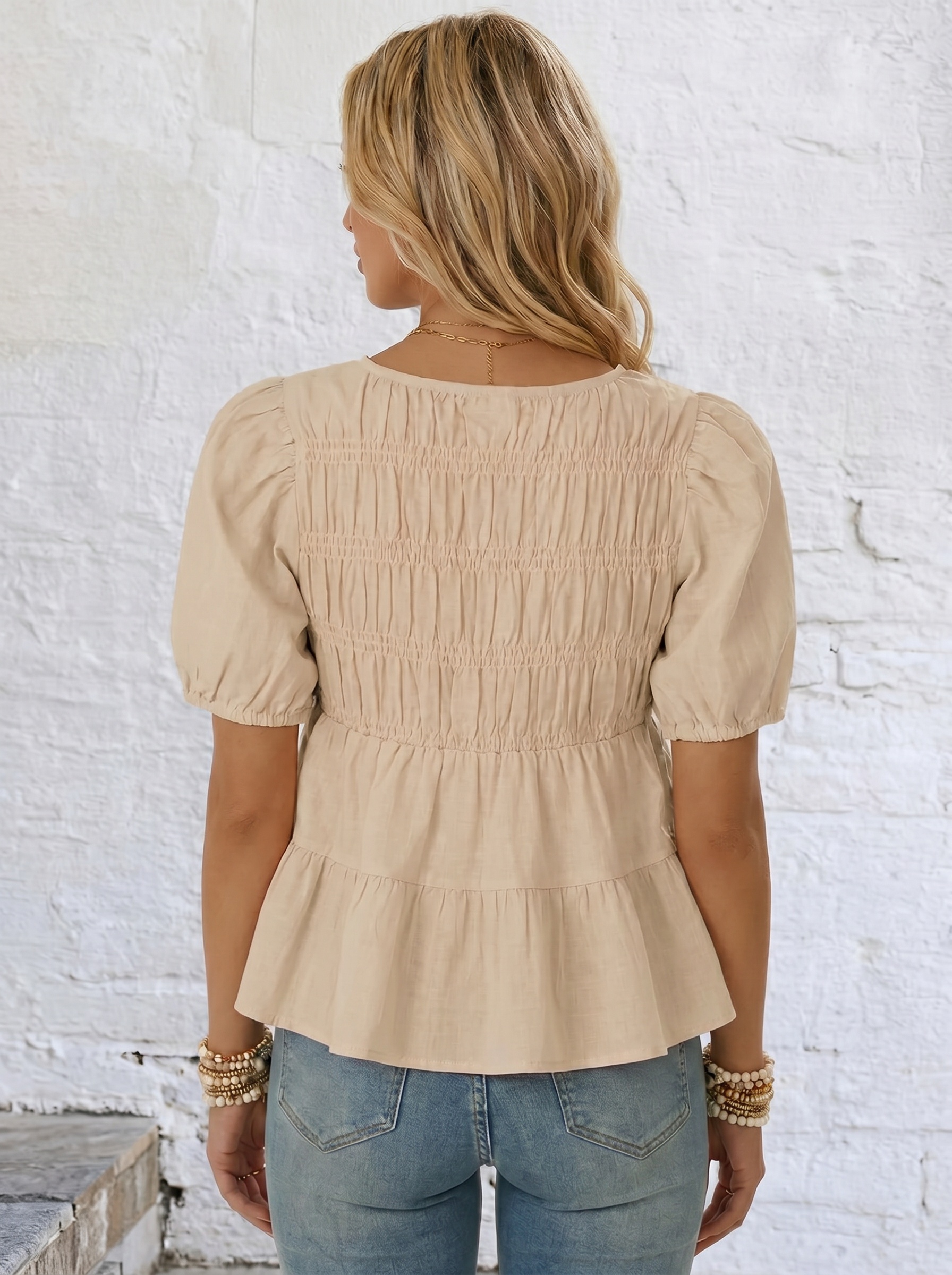 Womens Puff Sleeve Peplum Babydoll Tops Summer Flowy Pleated Cotton T-Shirts Casual Loose Fit Cute Blouse