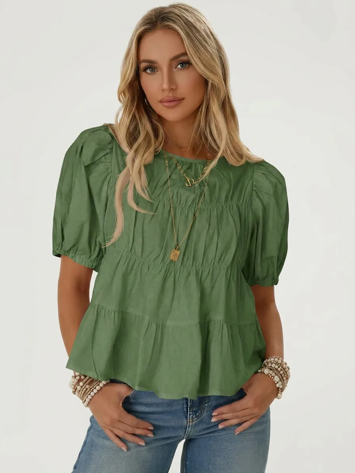 Womens Puff Sleeve Peplum Babydoll Tops Summer Flowy Pleated Cotton T-Shirts Casual Loose Fit Cute Blouse