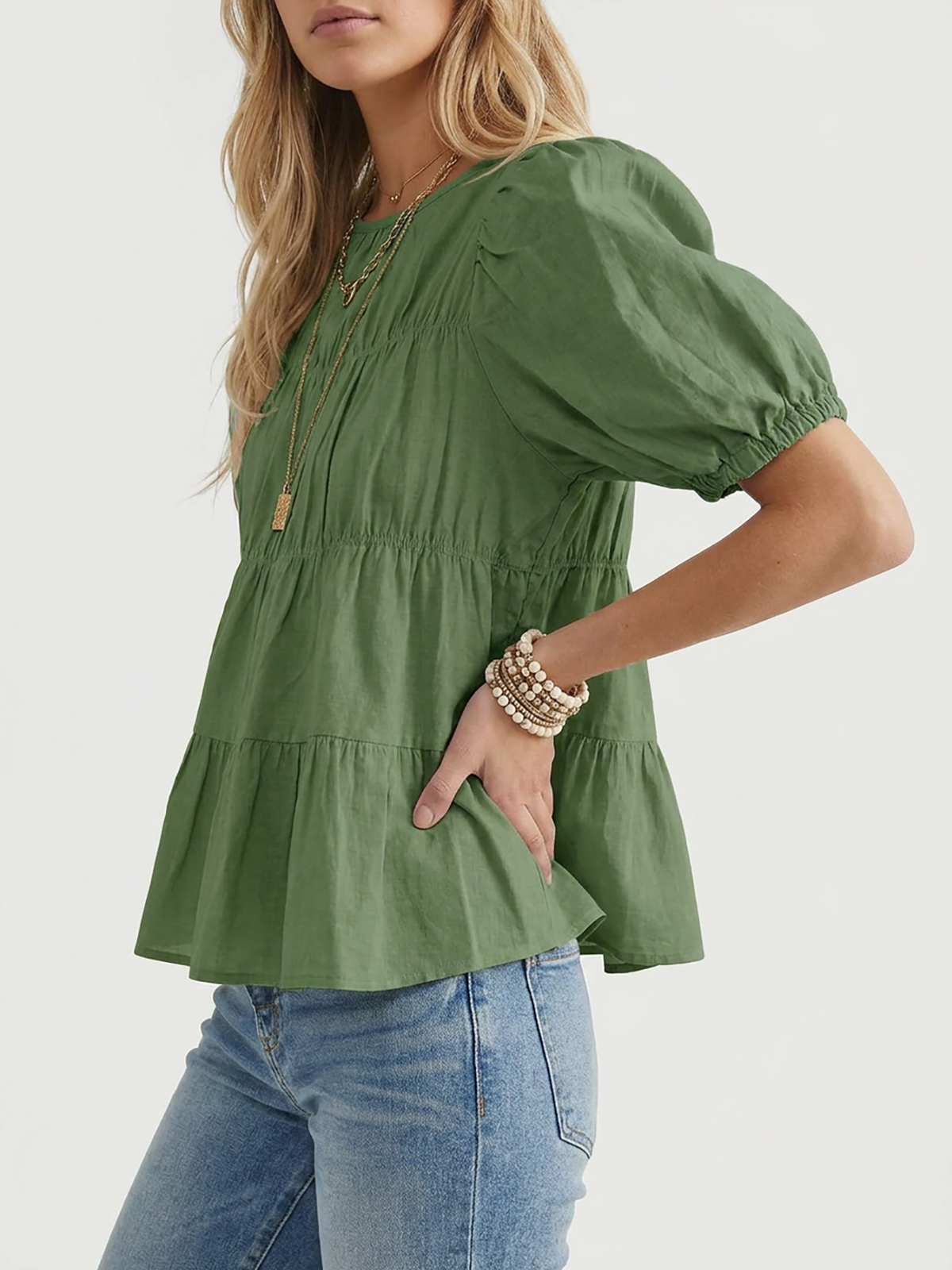 Womens Puff Sleeve Peplum Babydoll Tops Summer Flowy Pleated Cotton T-Shirts Casual Loose Fit Cute Blouse