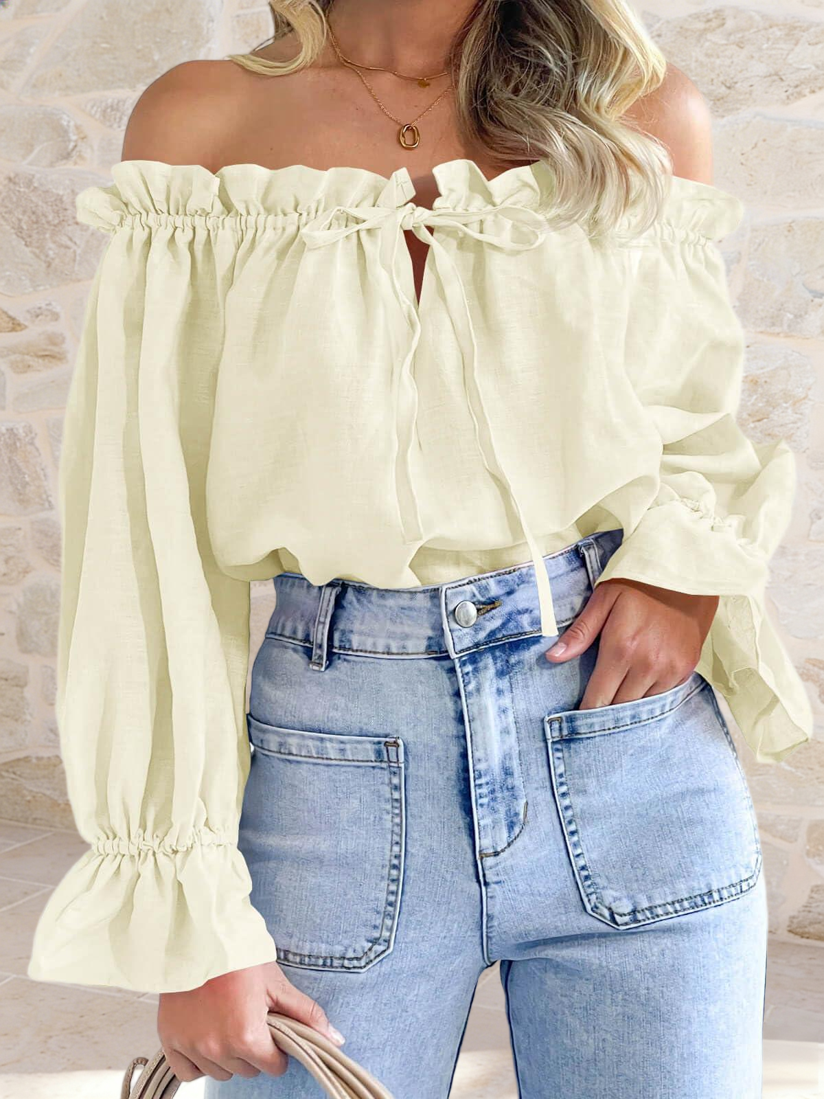 Imily Bela Womens Off The Shoulder Tops Puff Long Sleeve Tie Front Loose Fit Ruffle Shirts Blouses