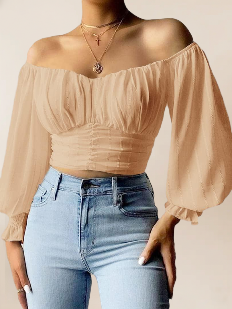 Imily Bela Womens Elegant Off The Shoulder Puff Sleeve Blouse Summer Chiffon Slim Fit Party Crop Top