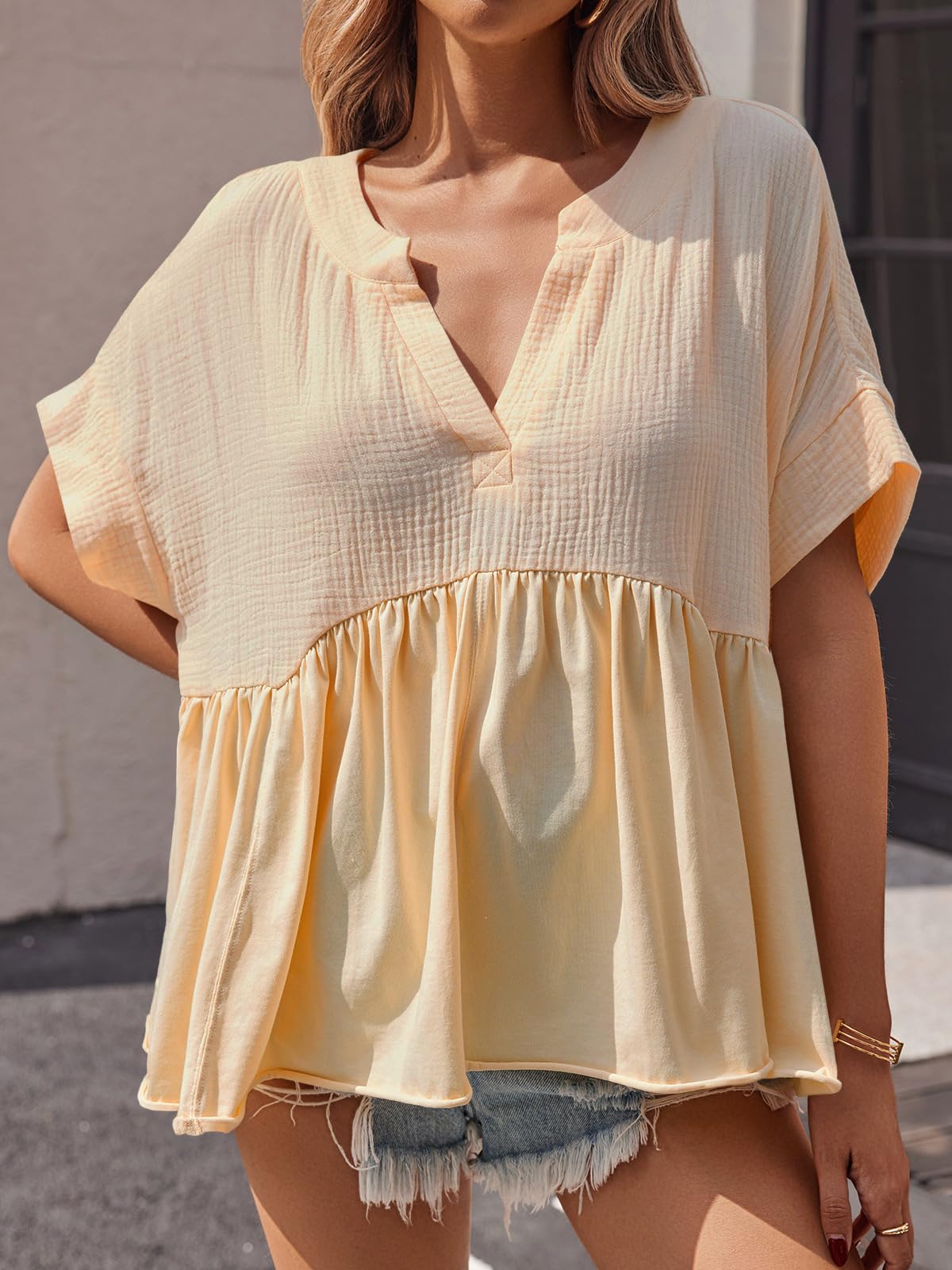 Imily Bela Womens Summer Babydoll Tops V Neck Short Sleeve Pleated Flowy Shirts Casual Loose Fit Peplum Blouse