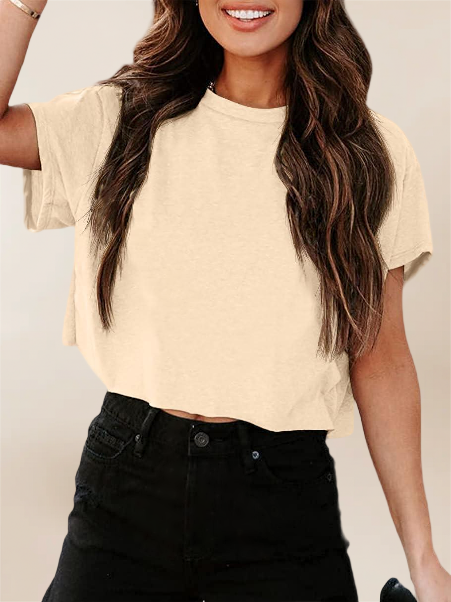 Imily Bela Women Short Sleeve Cropped T-Shirts Crew Neck Loose Crop Tops Summer Casual Drop Shoulder Basic Tees