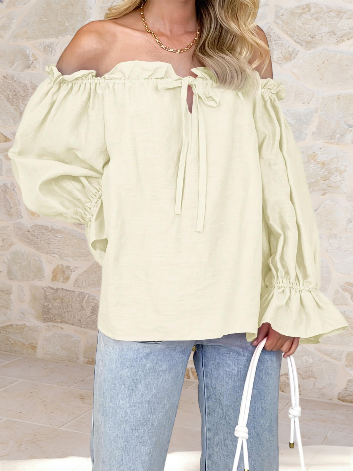 Imily Bela Womens Off The Shoulder Tops Puff Long Sleeve Tie Front Loose Fit Ruffle Shirts Blouses