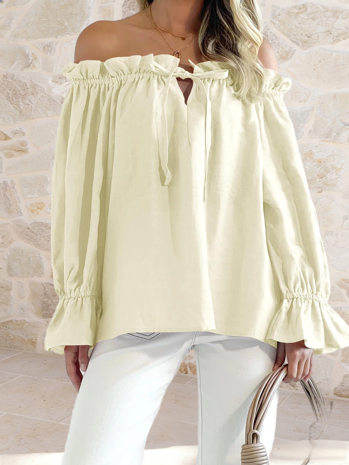 Imily Bela Womens Off The Shoulder Tops Puff Long Sleeve Tie Front Loose Fit Ruffle Shirts Blouses