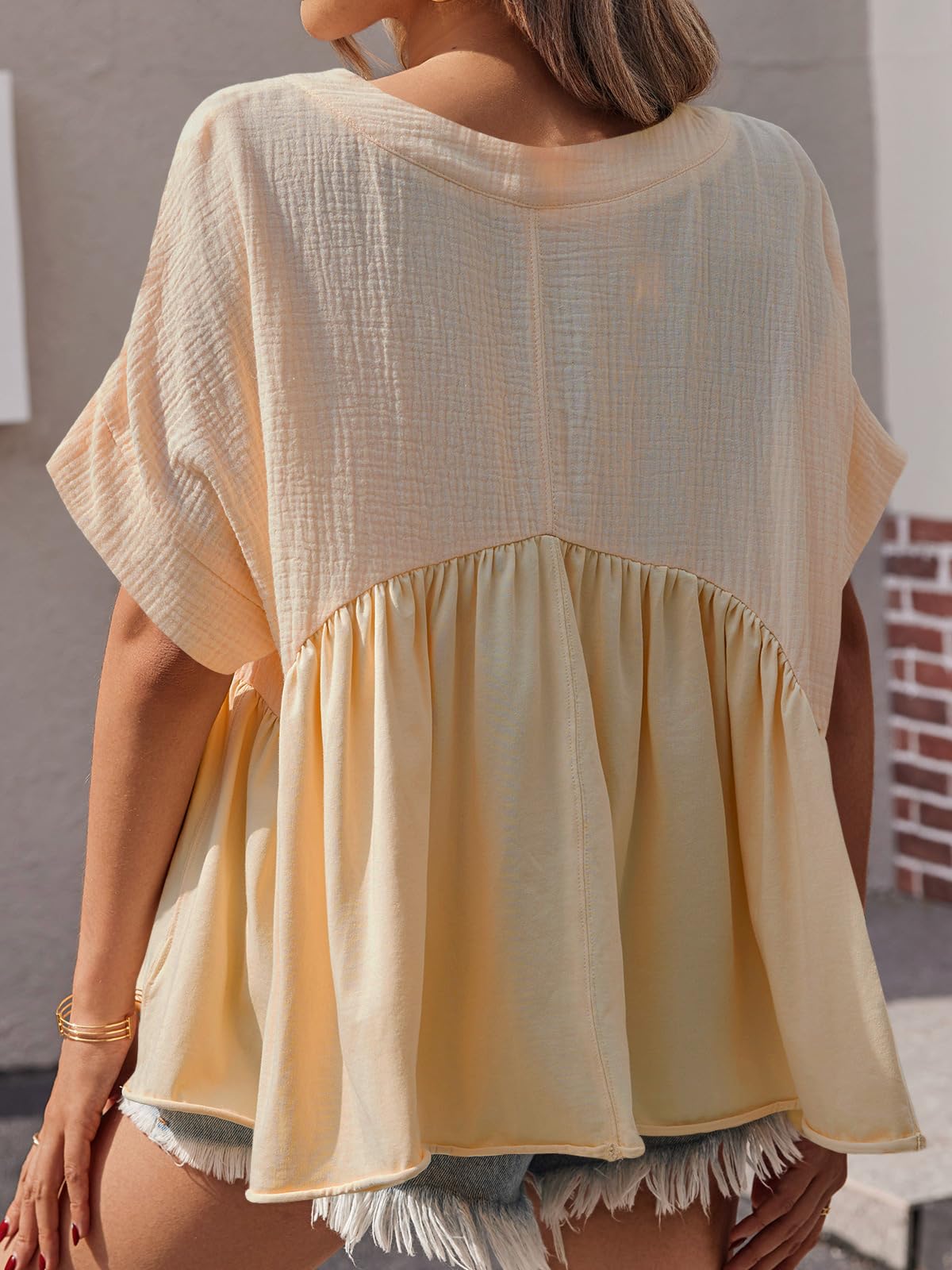 Imily Bela Womens Summer Babydoll Tops V Neck Short Sleeve Pleated Flowy Shirts Casual Loose Fit Peplum Blouse