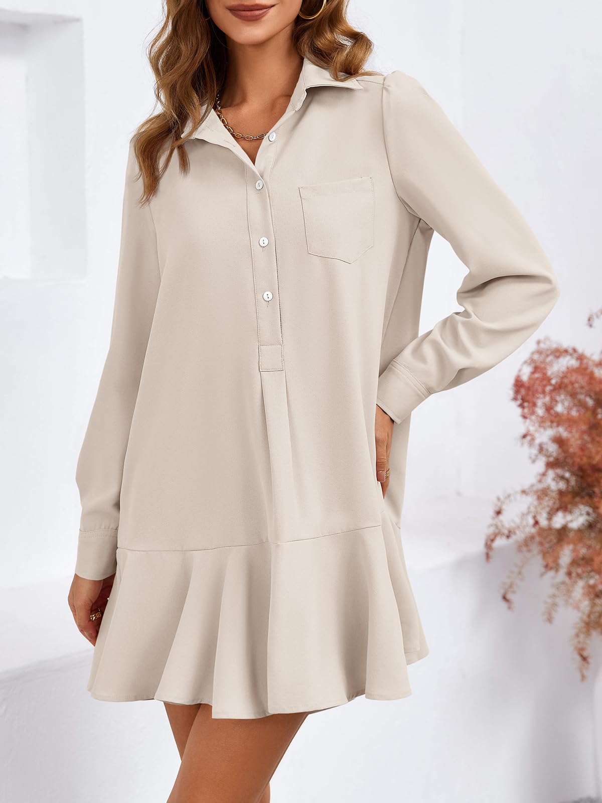 Imily Bela Womens Casual Button Down Shirt Dress Long Sleeve Collared Pleated Swing Mini Dresses